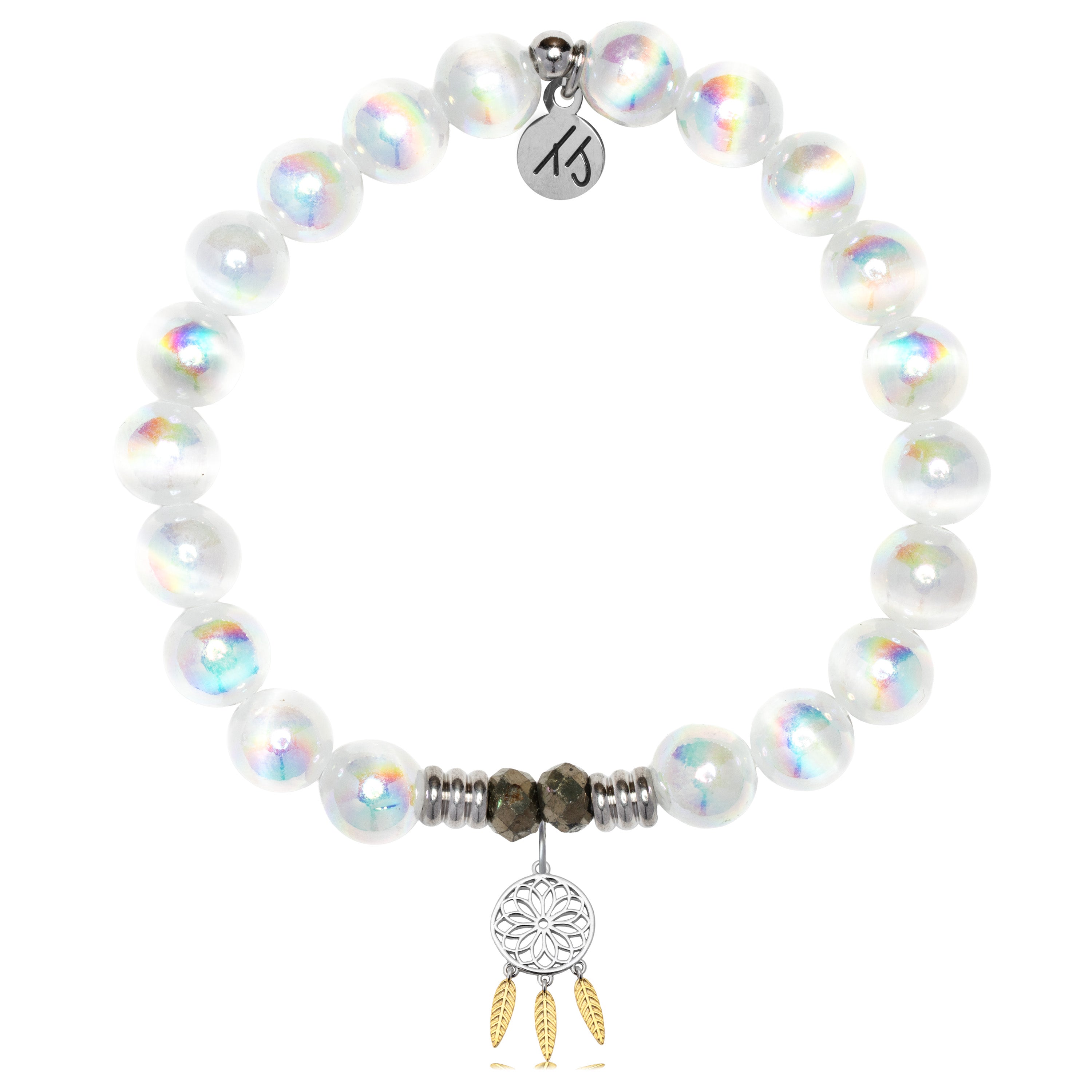 White Selenite Gemstone Bracelet with Dream Catcher Sterling Silver Charm