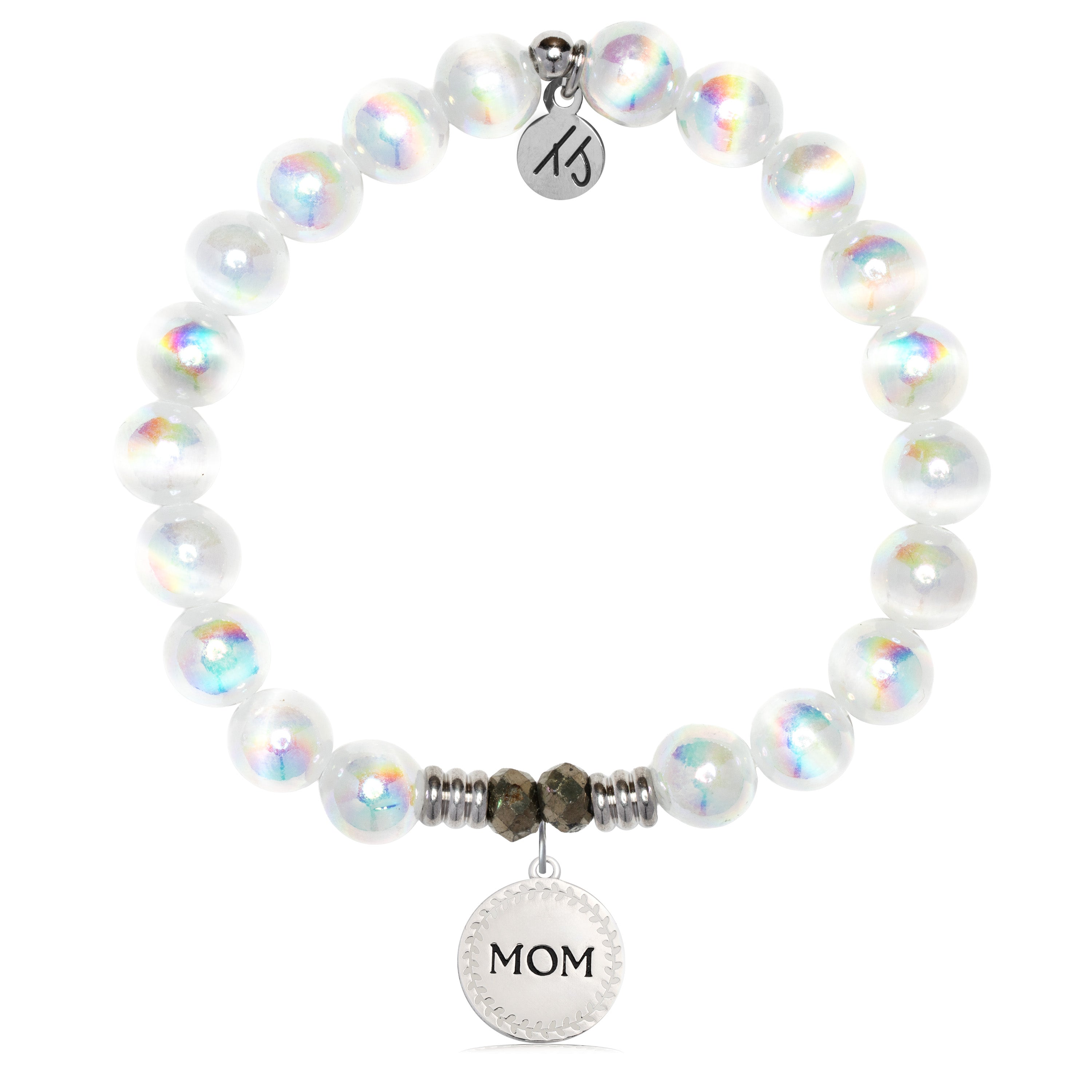 White Selenite Gemstone Bracelet with Endless Love Mom Sterling Silver Charm