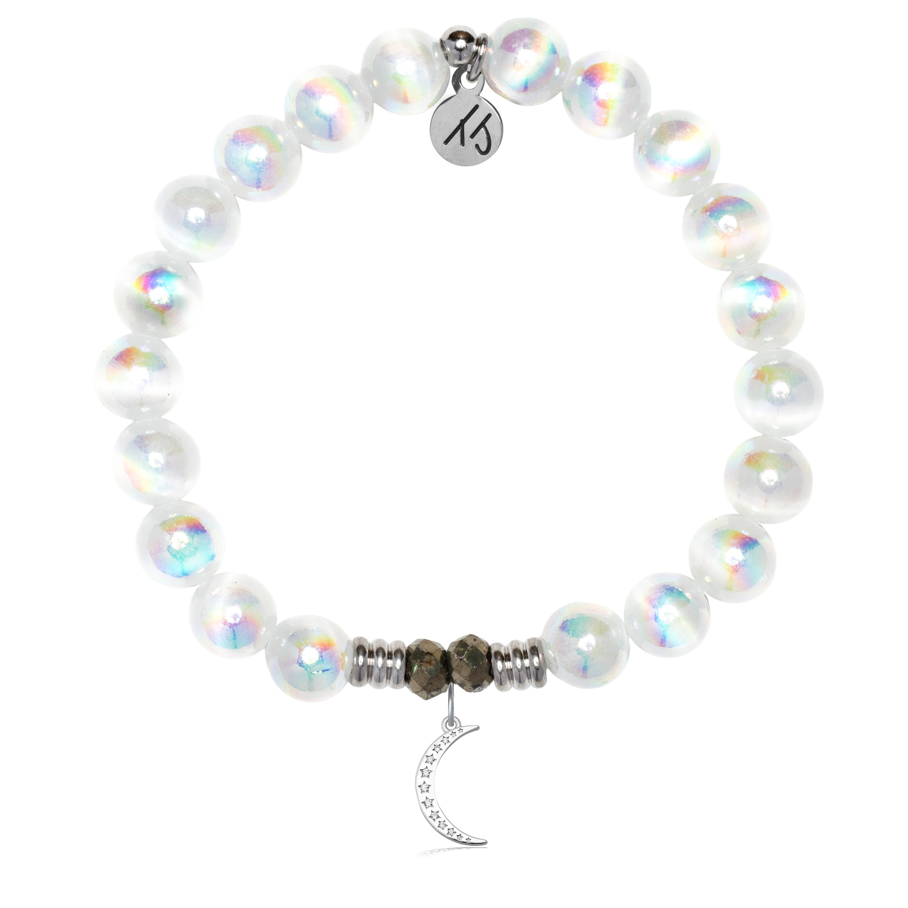 White Selenite Gemstone Bracelet with Friendship Moon Sterling Silver Charm