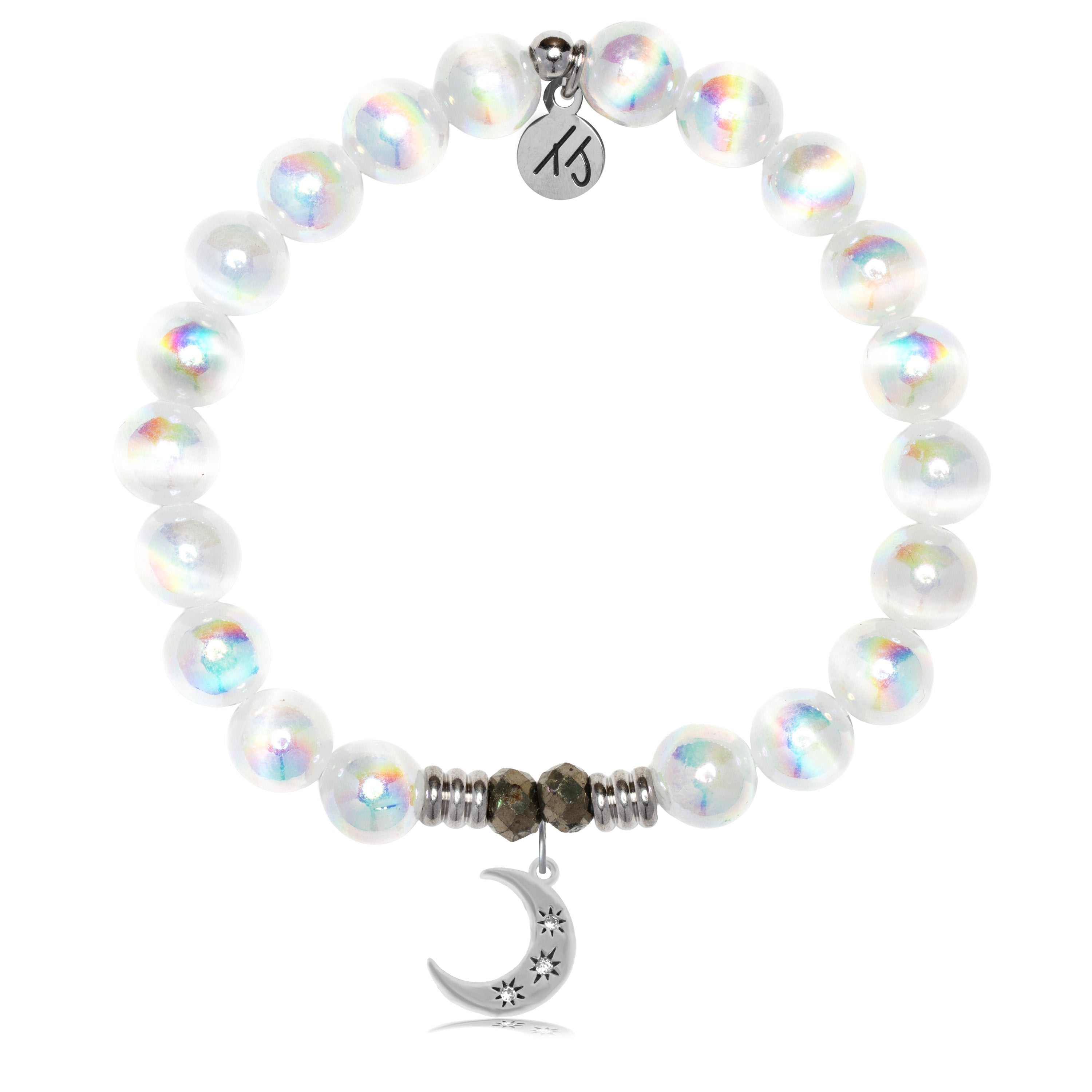White Selenite Gemstone Bracelet with Friendship Stars Sterling Silver Charm