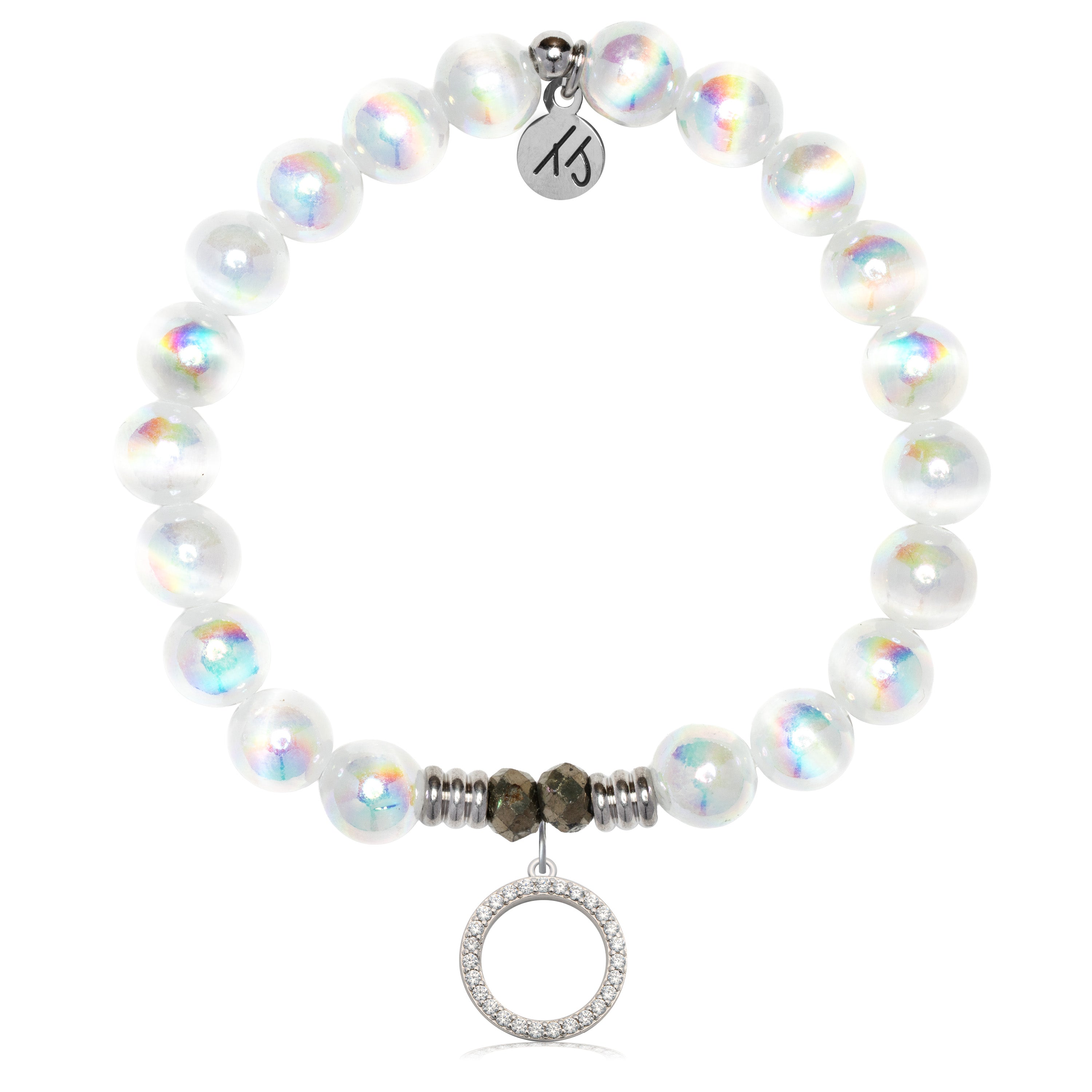 White Selenite Gemstone Bracelet with Good Karma Sterling Silver Charm