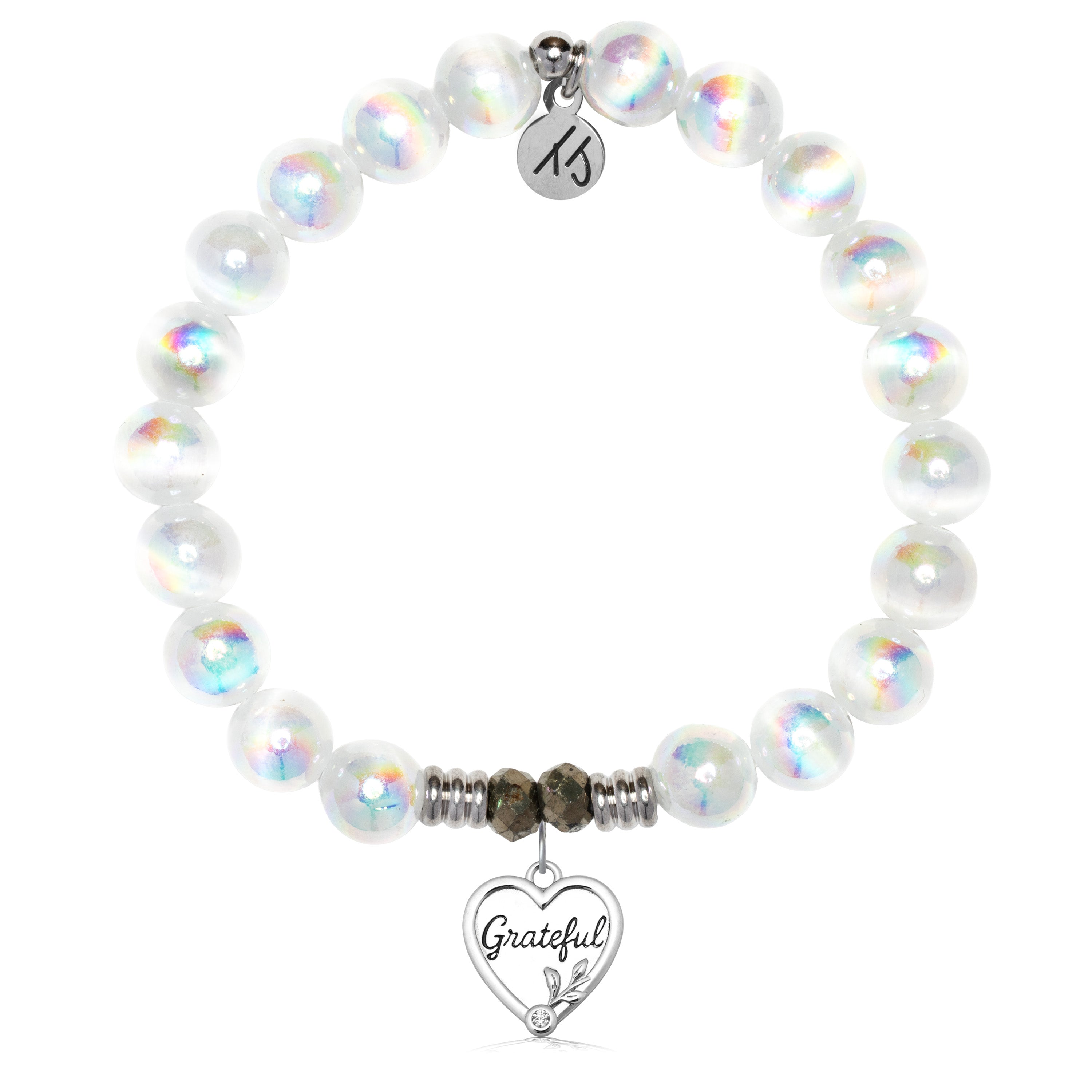 White Selenite Gemstone Bracelet with Grateful Sterling Silver Charm
