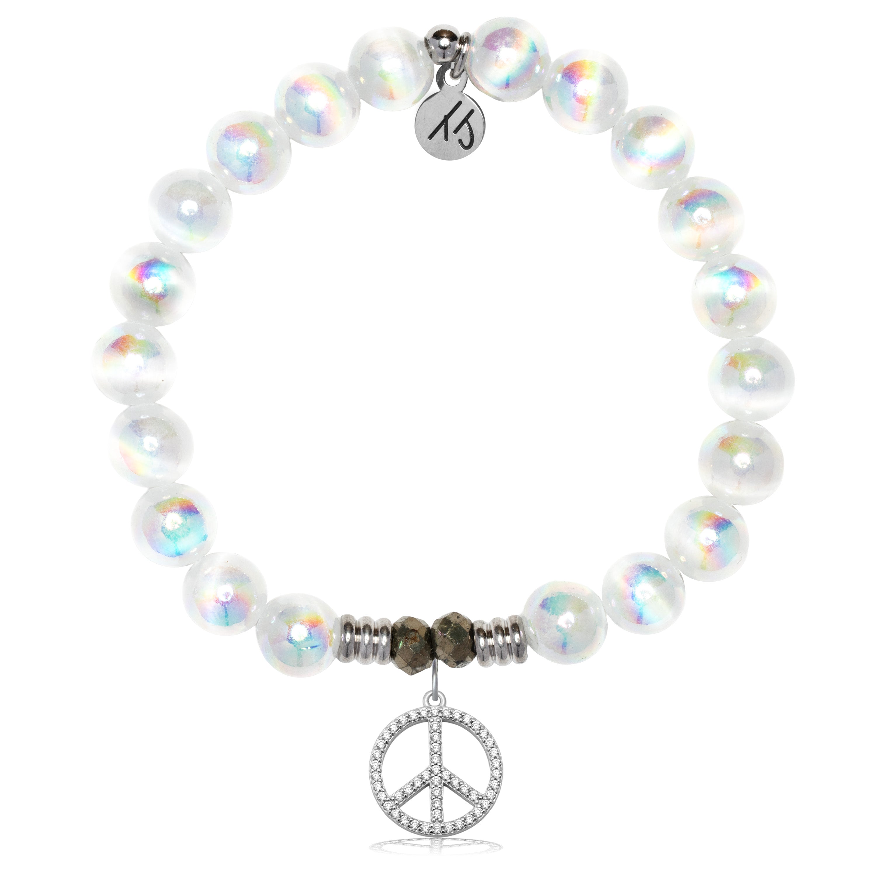 White Selenite Gemstone Bracelet with Peace CZ Sterling Silver Charm