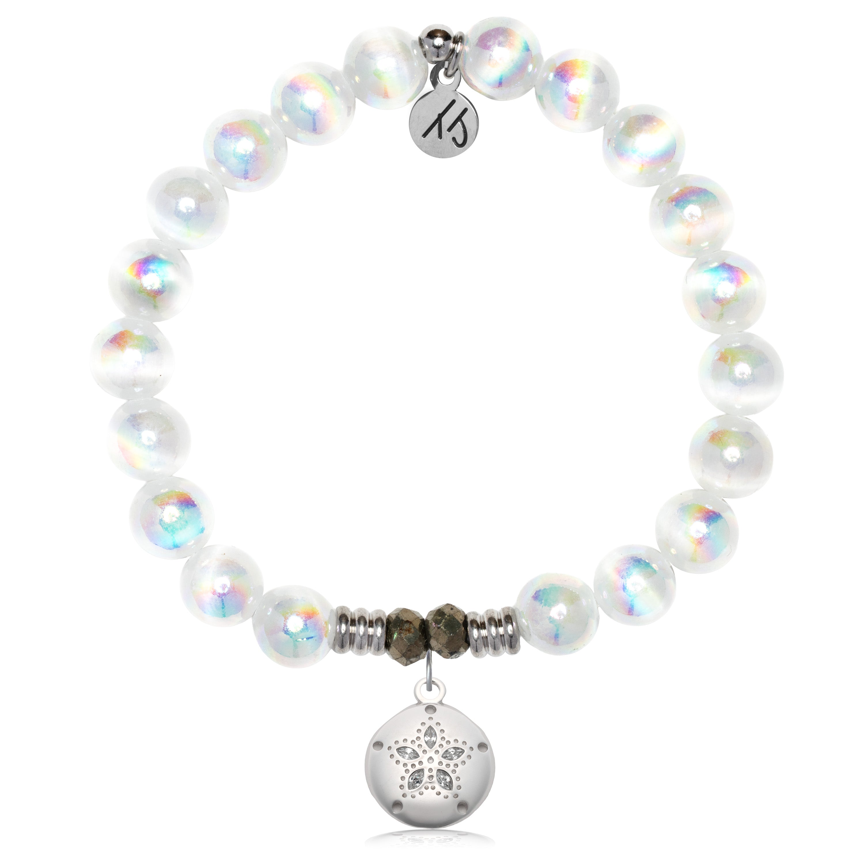 White Selenite Gemstone Bracelet with Sand Dollar CZ Sterling Silver Charm