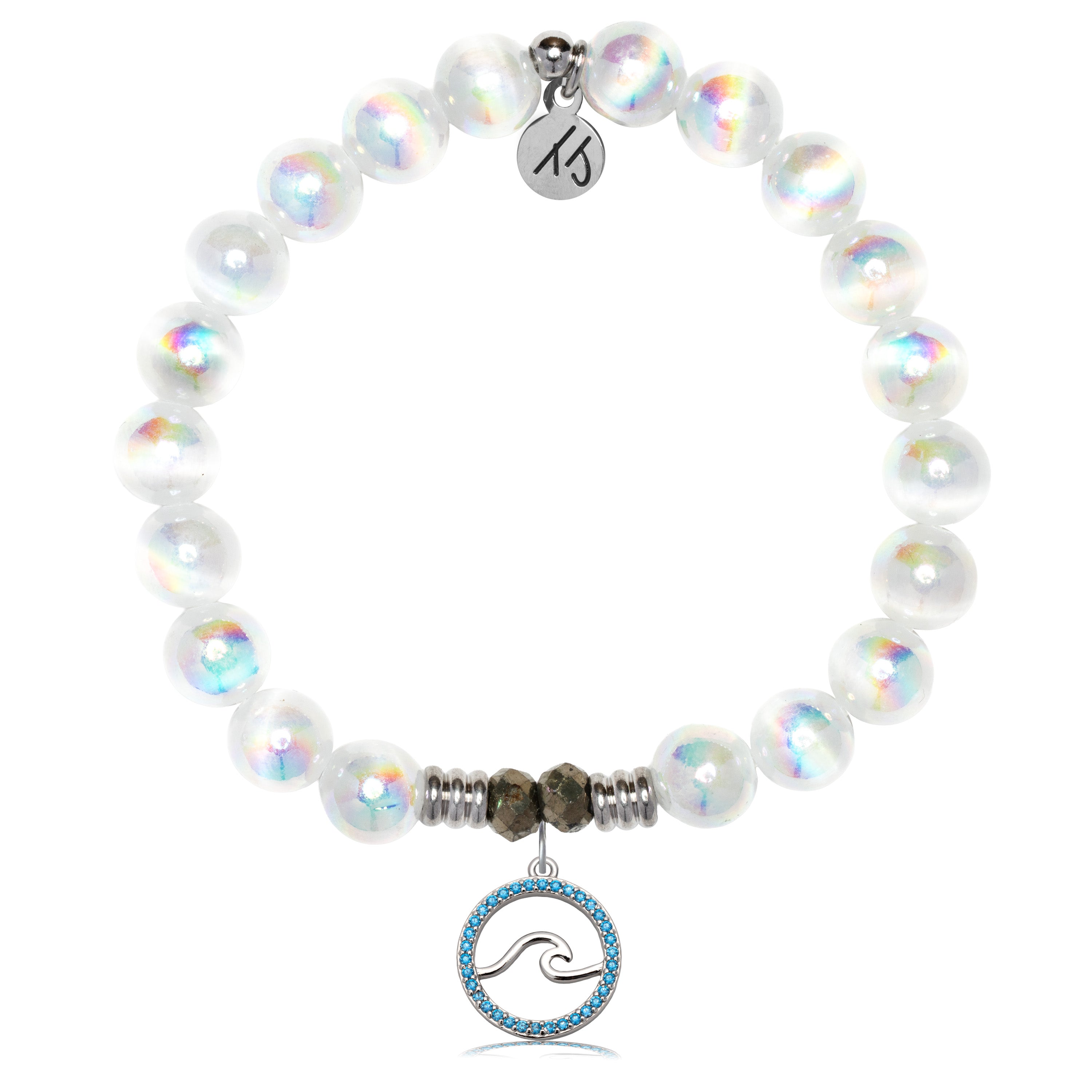 White Selenite Gemstone Bracelet with Serenity Wave Sterling Silver Charm