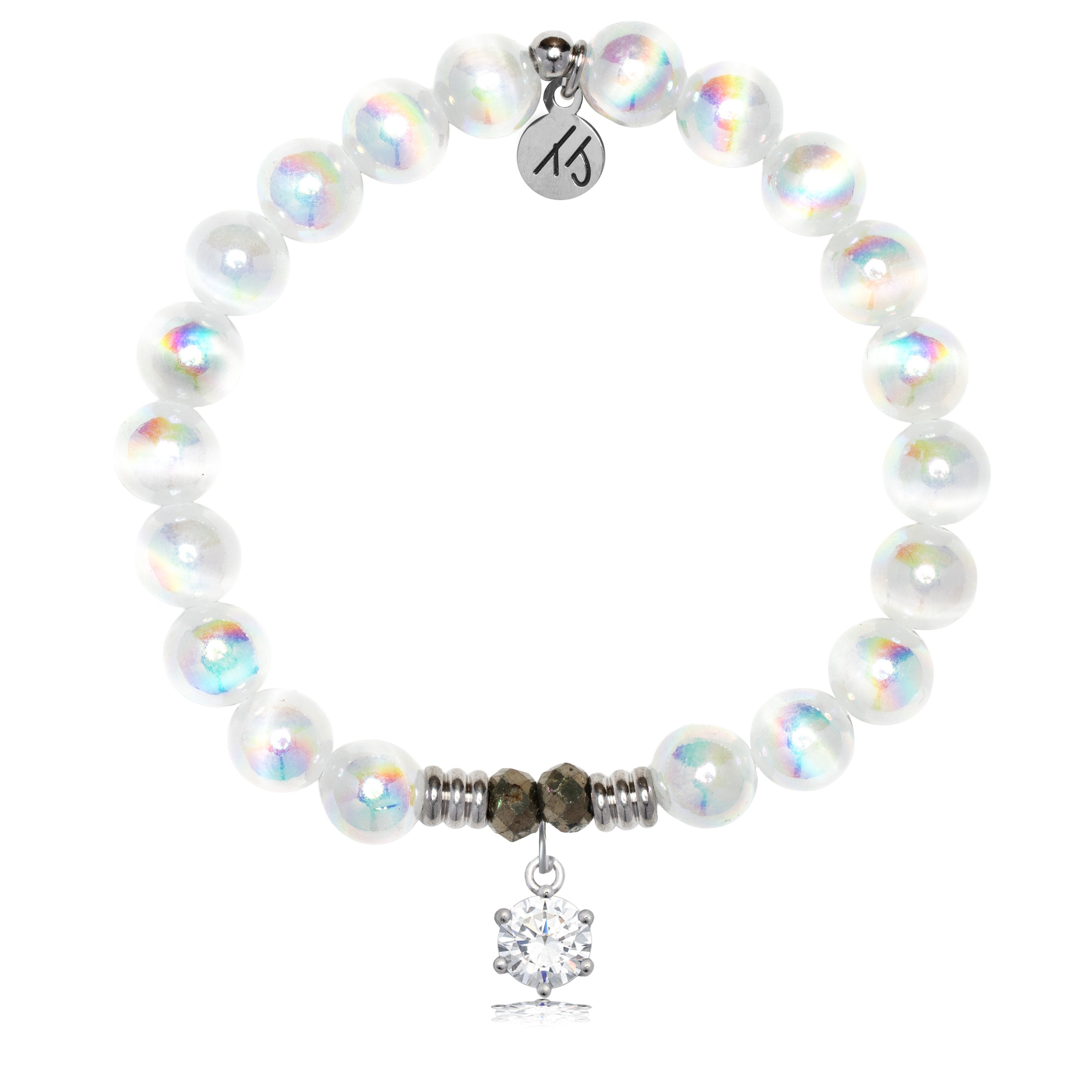 White Selenite Gemstone Bracelet with Shine Like A Diamond Sterling Silver Charm