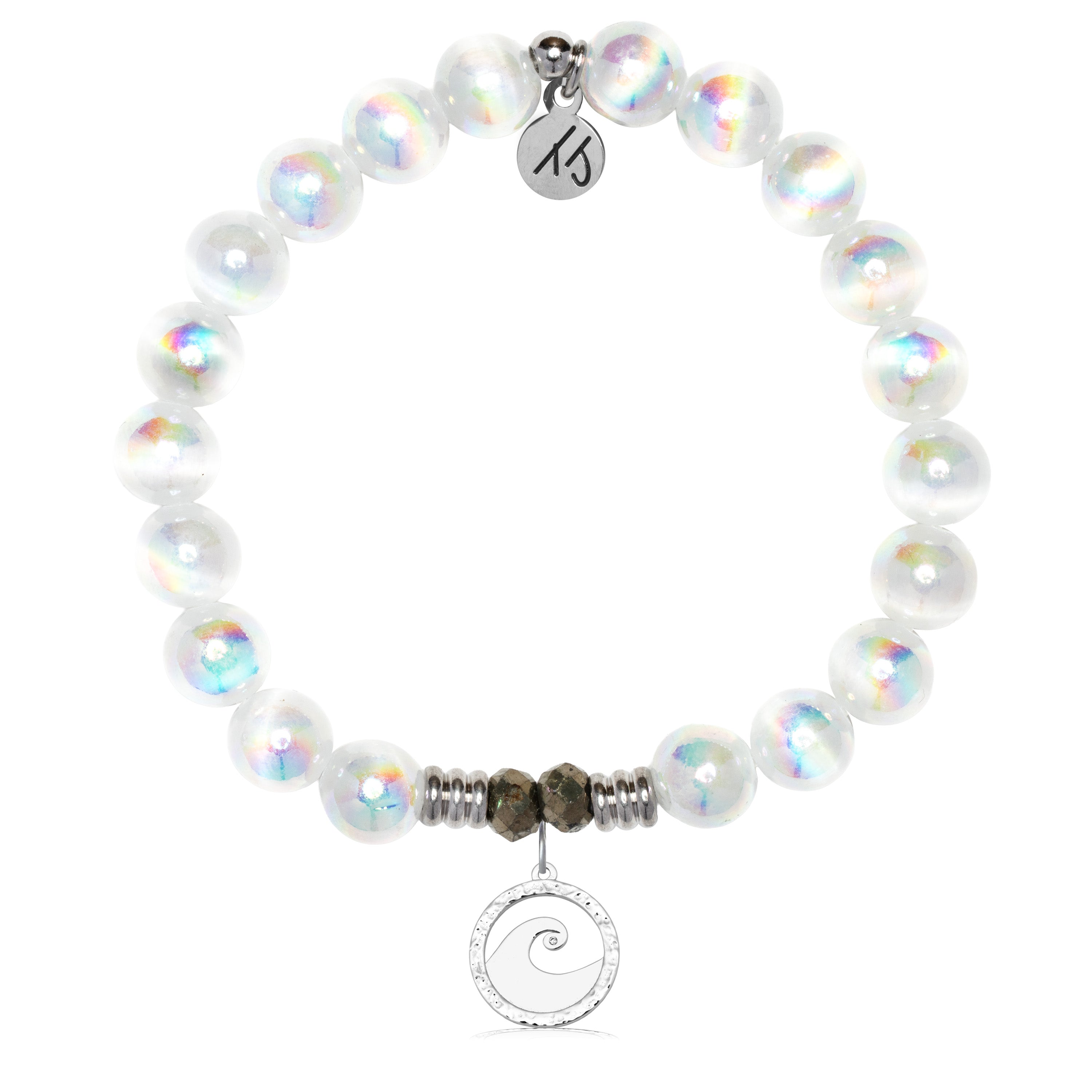White Selenite Gemstone Bracelet with Waves of Strength Sterling Silver Charm
