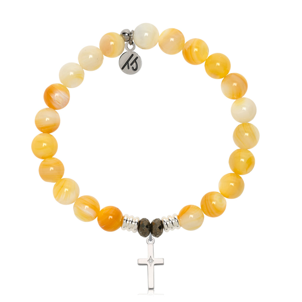Yellow Shell Gemstone Bracelet with Cross CZ Sterling Silver Charm