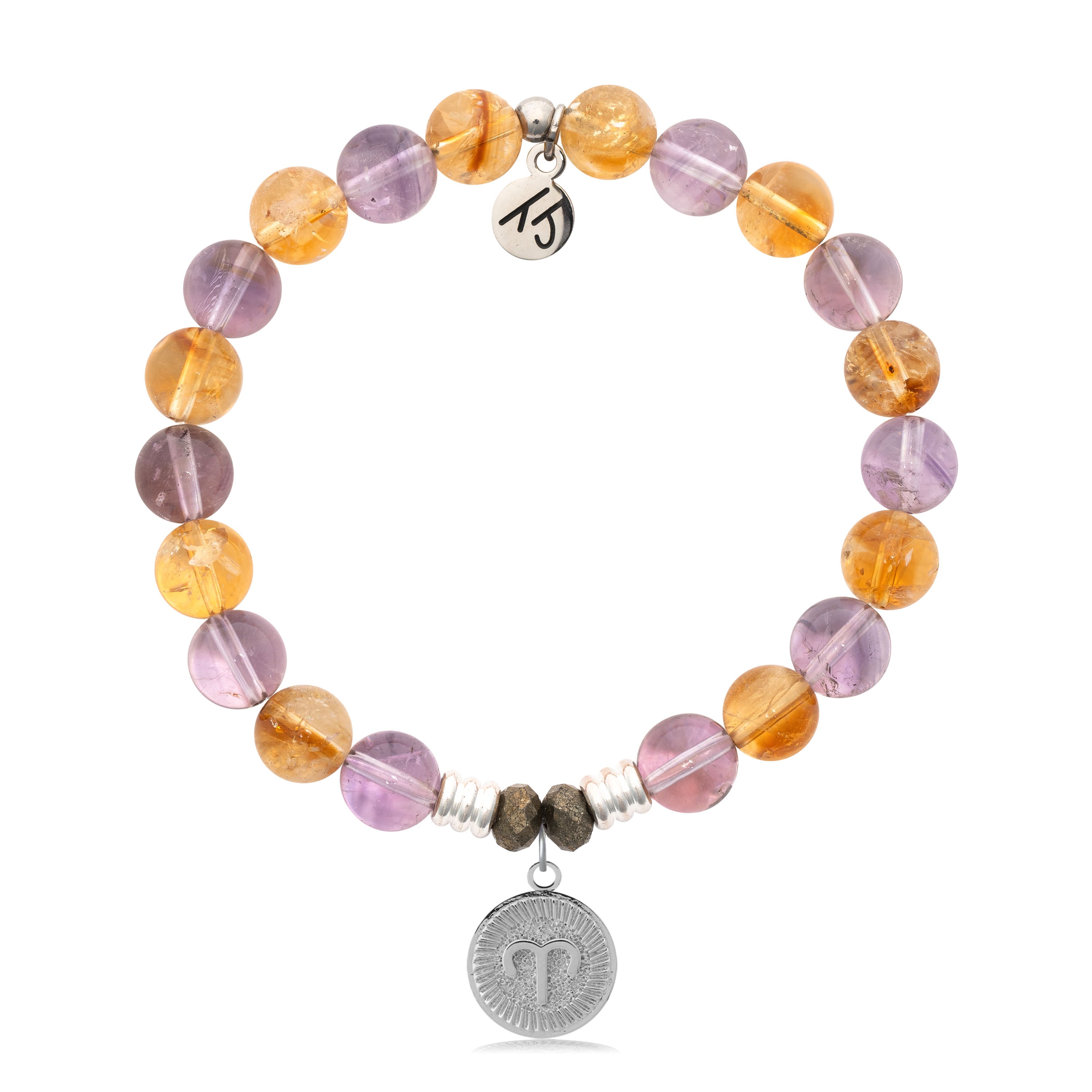 Zodiac Collection: Amethyst Citrine Gemstone Bracelet with Aries Sterling Silver Charm