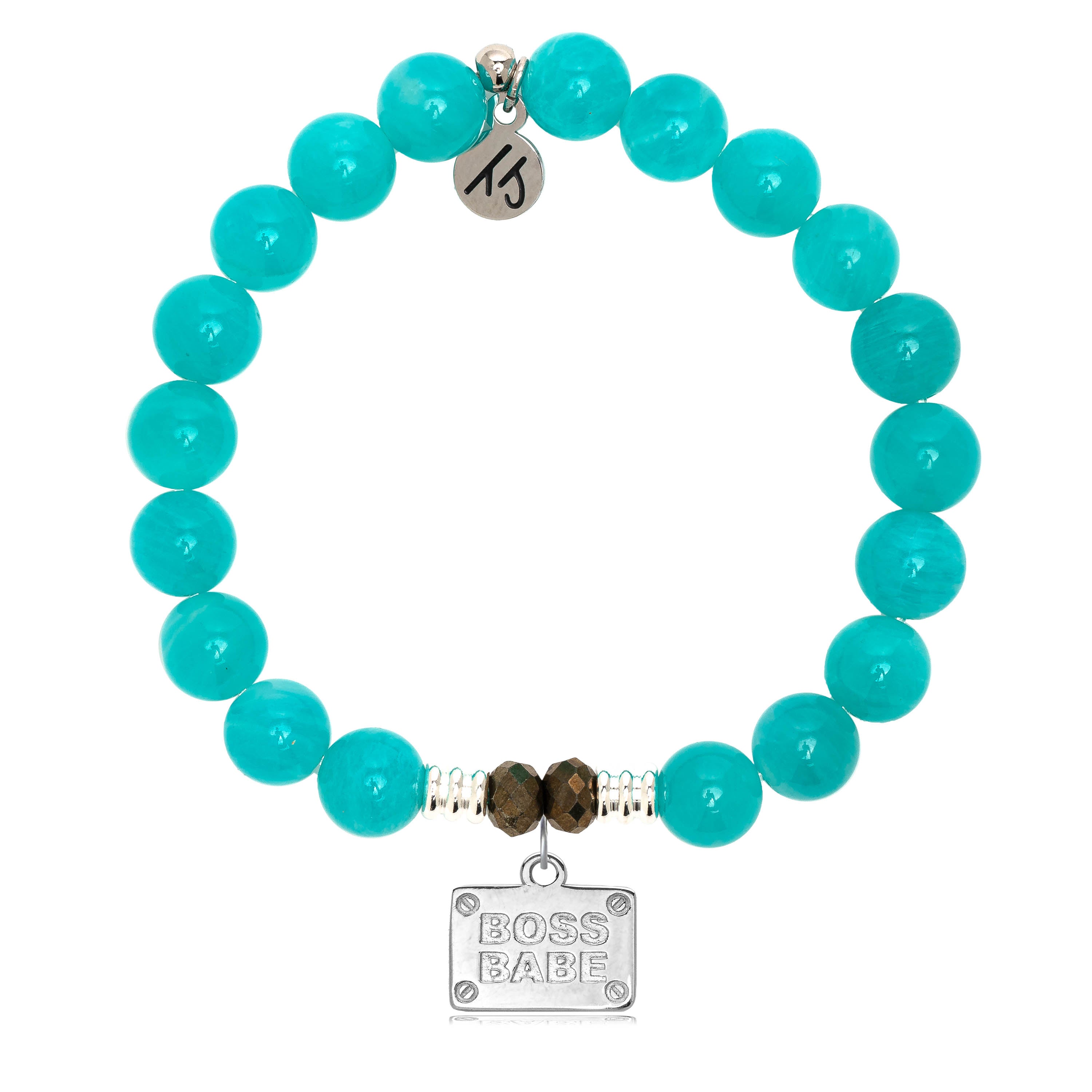 Aqua Amazonite Stone Bracelet with Boss Babe Sterling Silver Charm