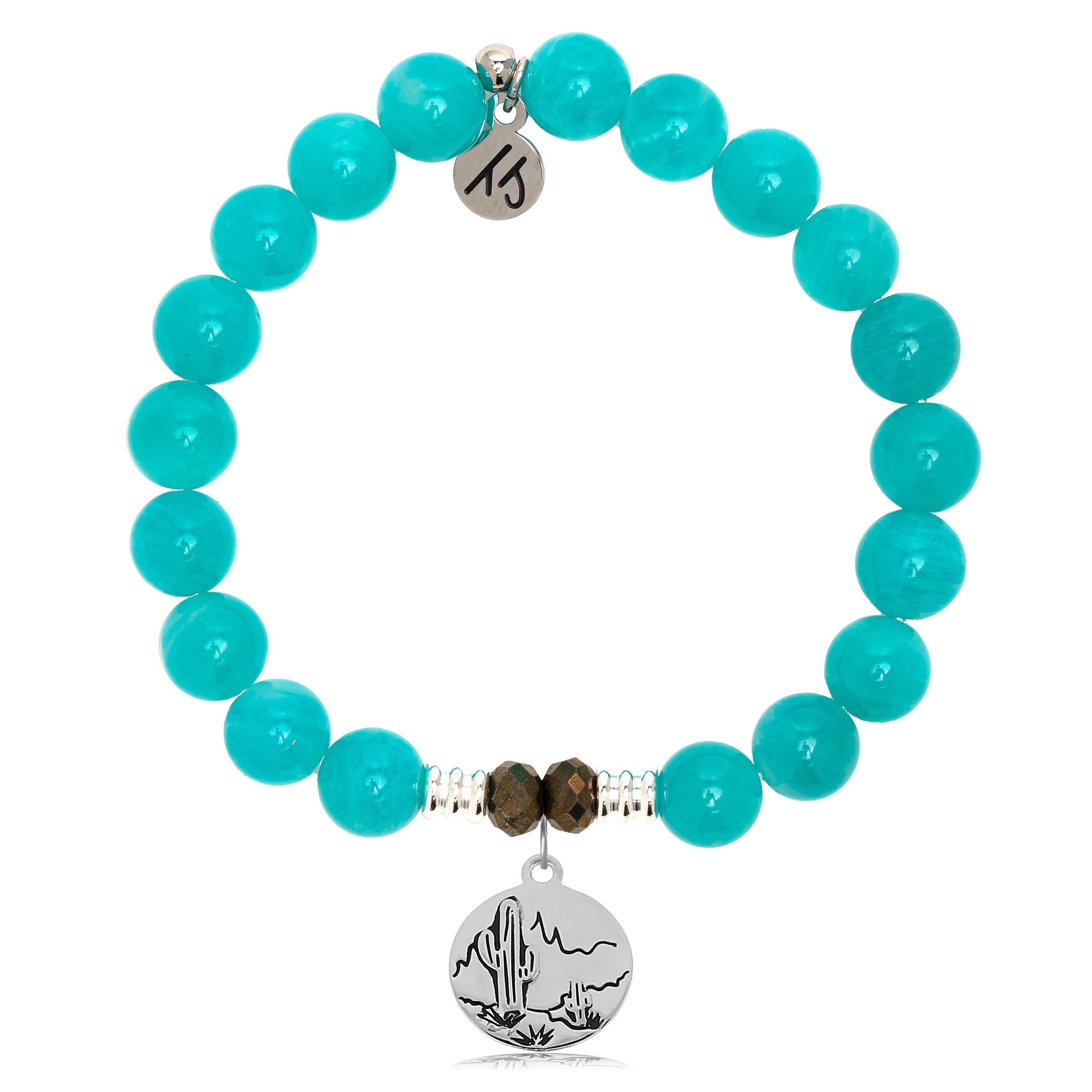 Aqua Amazonite Stone Bracelet with Cactus Sterling Silver Charm