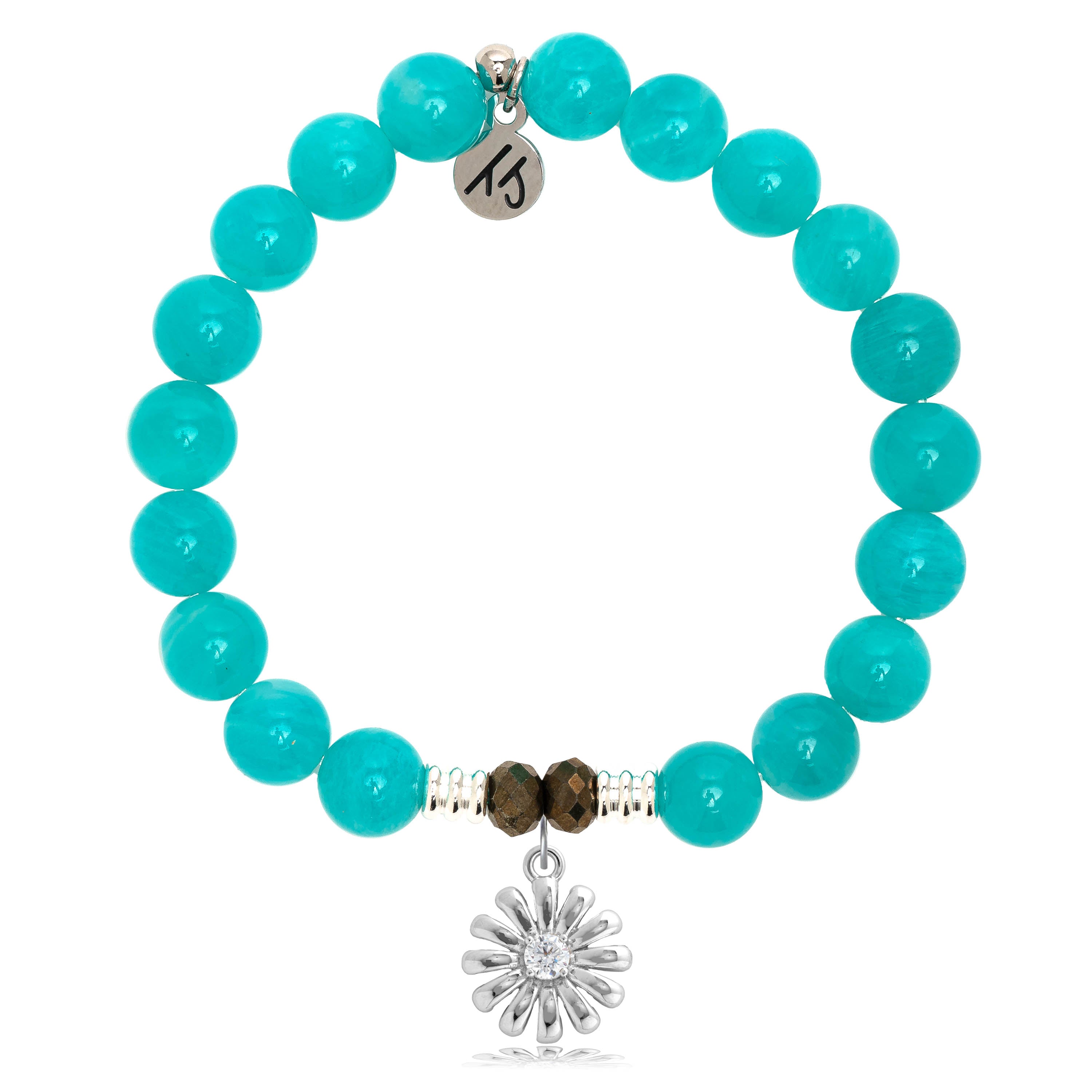 Aqua Amazonite Stone Bracelet with Daisy Sterling Silver Charm