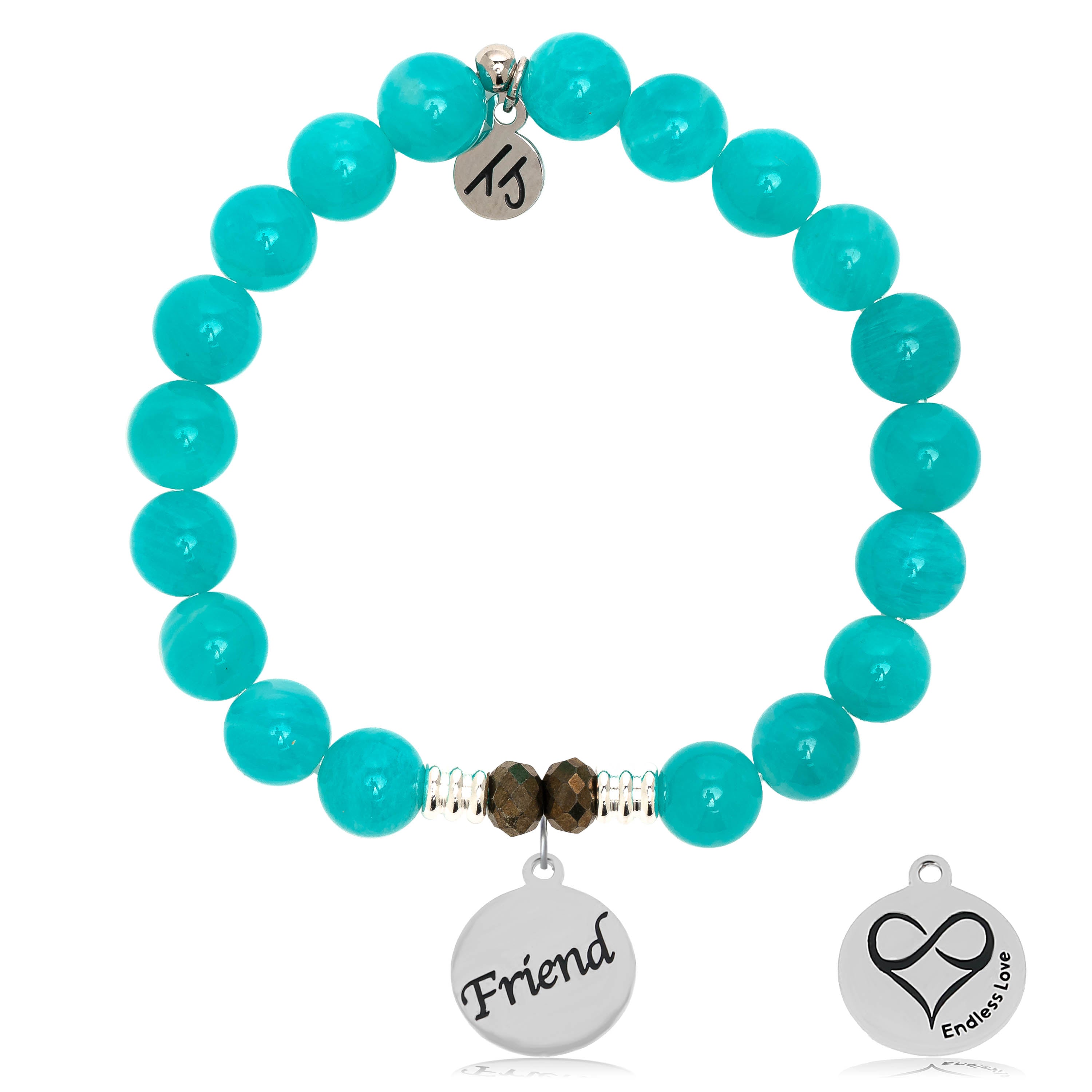 Aqua Amazonite Stone Bracelet with Friend Sterling Silver Charm