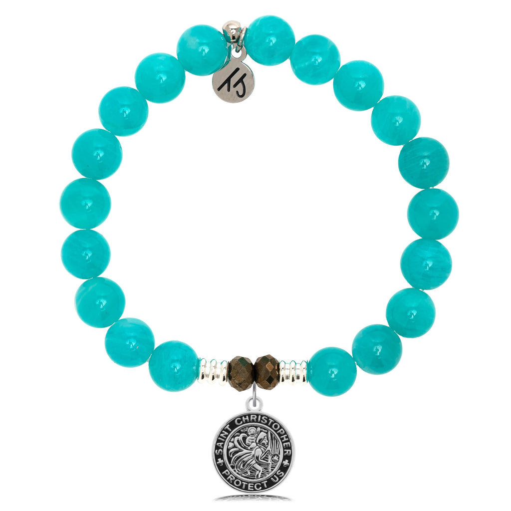 Aqua Amazonite Stone Bracelet with Saint Christopher Sterling Silver Charm