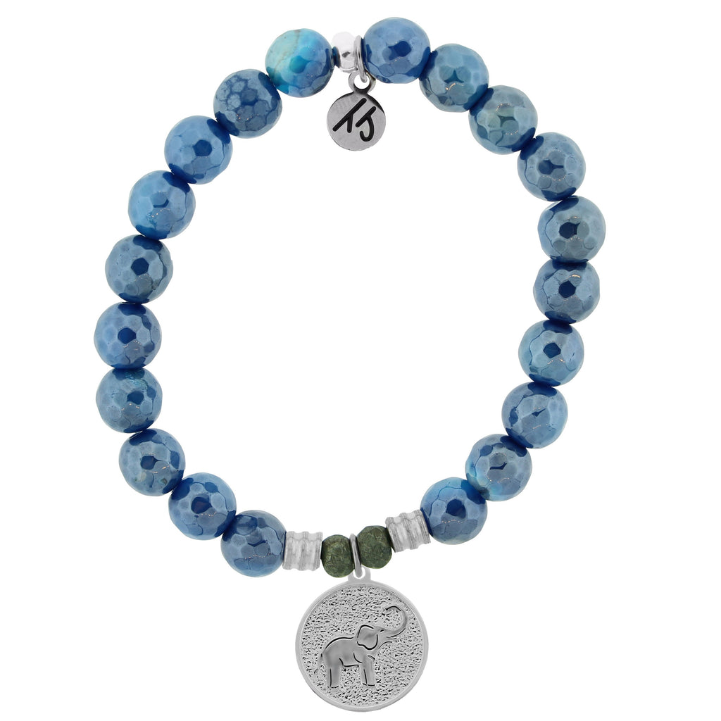 Blue Agate Stone Bracelet with Lucky Elephant Sterling Silver Charm