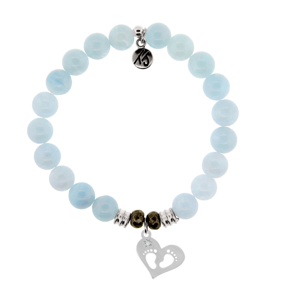 Blue Aquamarine Stone Bracelet with Baby Feet Sterling Silver Charm