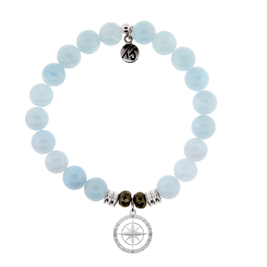 Blue Aquamarine Stone Bracelet with Compass Rose Sterling Silver Charm