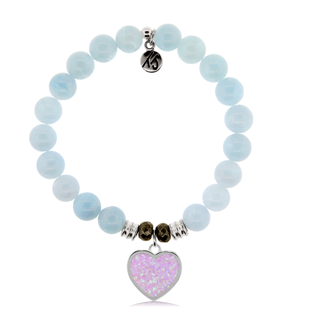 Blue Aquamarine Stone Bracelet with Pink Opal Heart Sterling Silver Charm