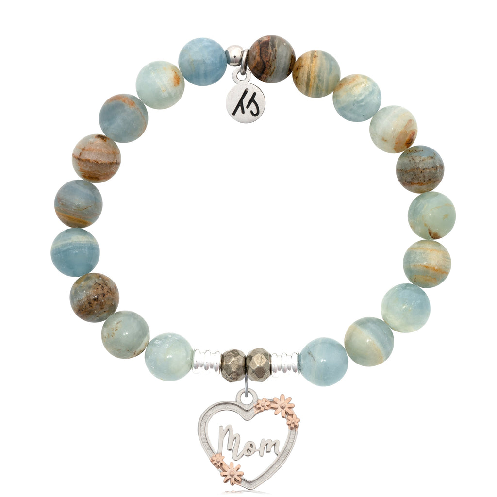 Blue Calcite Stone Bracelet with Heart Mom Sterling Silver Charm