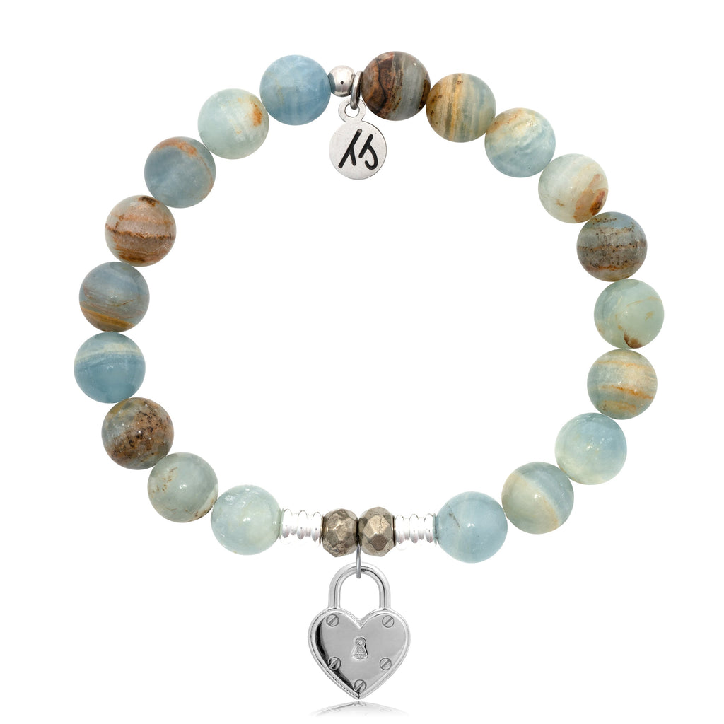 Blue Calcite Stone Bracelet with Love Lock Sterling Silver Charm