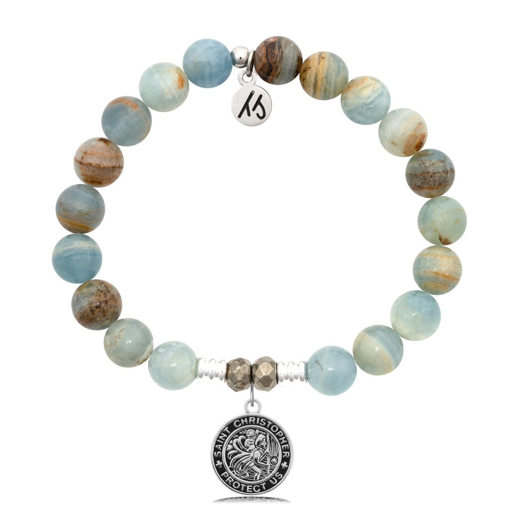 Blue Calcite Stone Bracelet with Saint Christopher Sterling Silver Charm