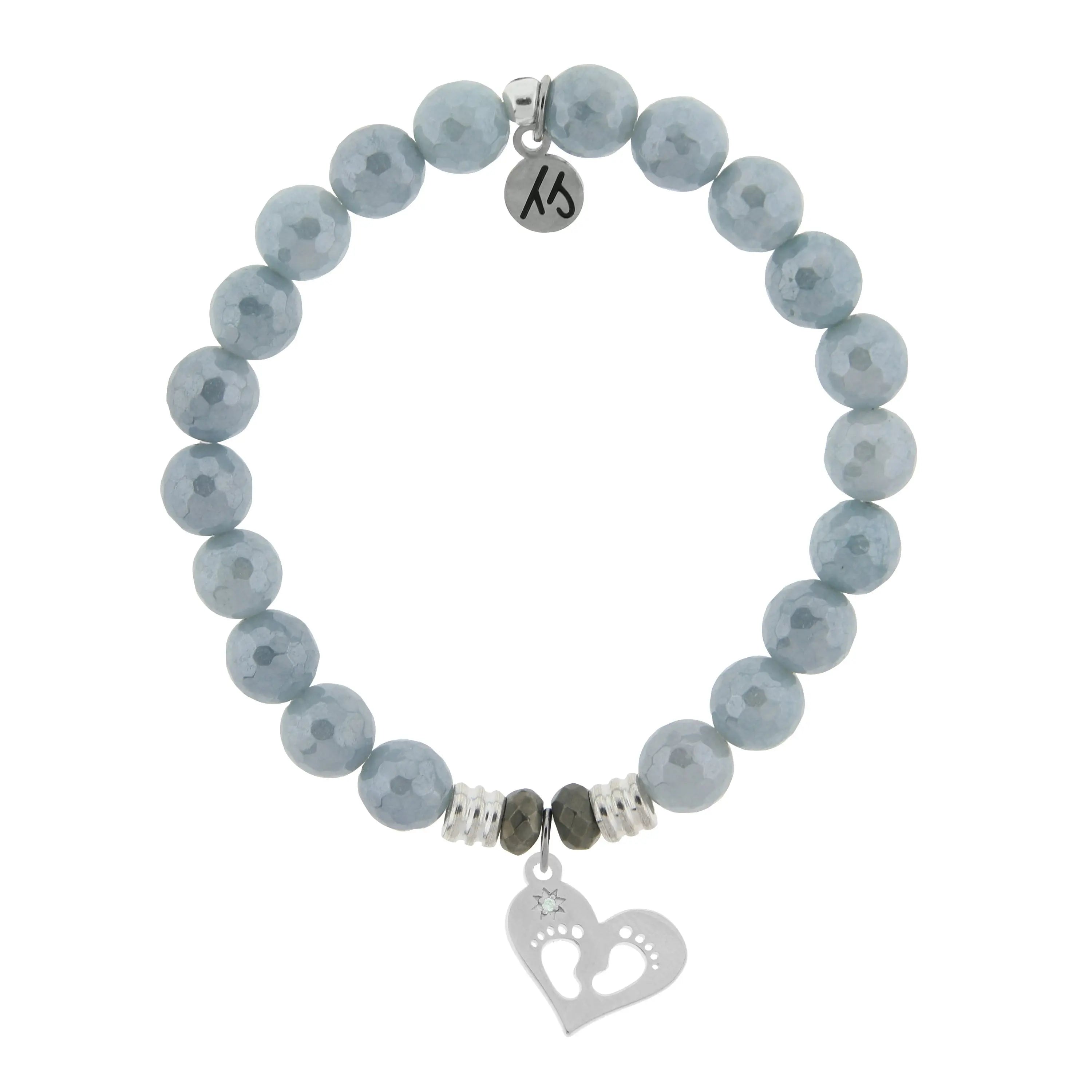 Blue Quartzite Gemstone Bracelet with Baby Feet Sterling Silver Charm Tiffany Jazelle