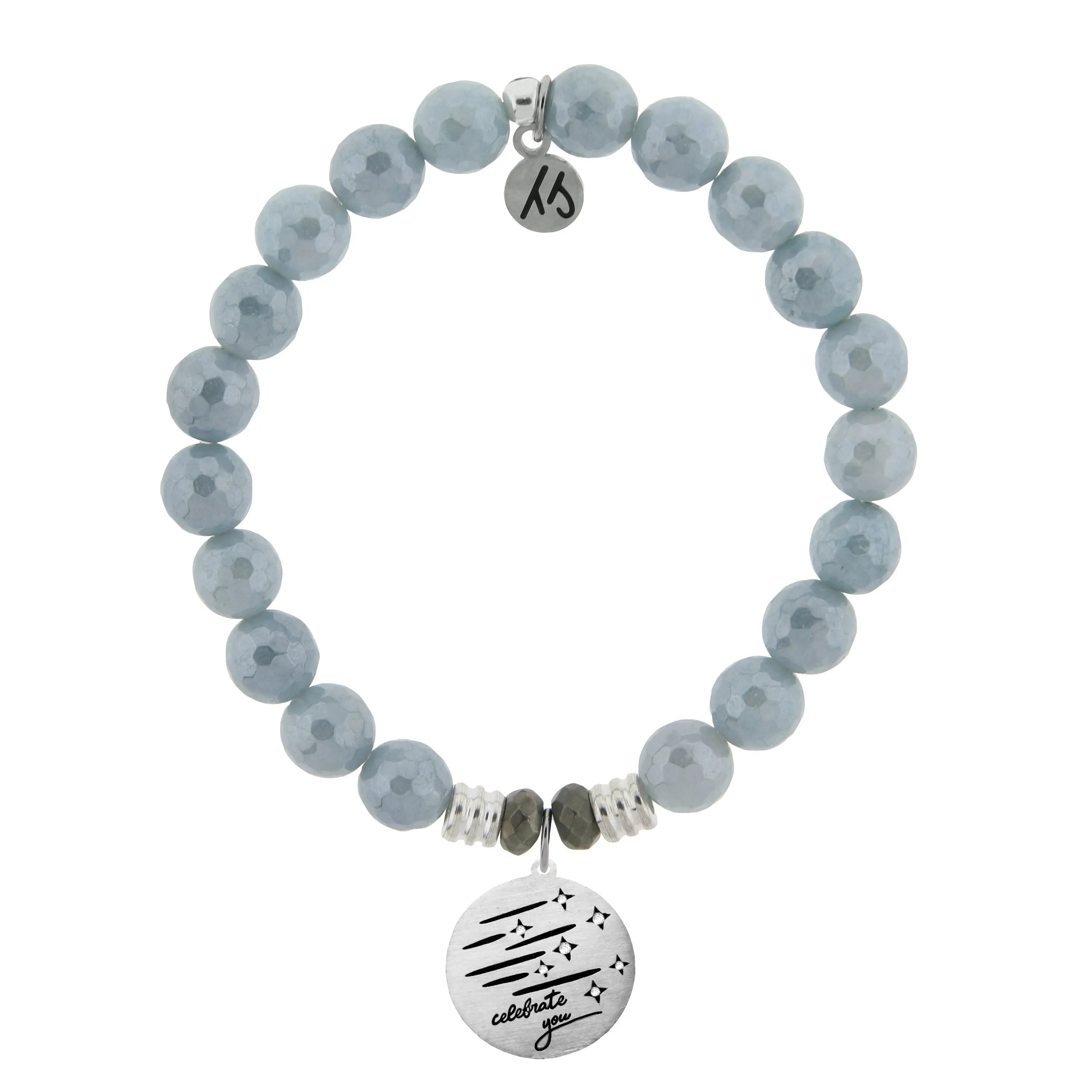 Blue Quartzite Gemstone Bracelet with Birthday Wishes Sterling Silver Charm Tiffany Jazelle