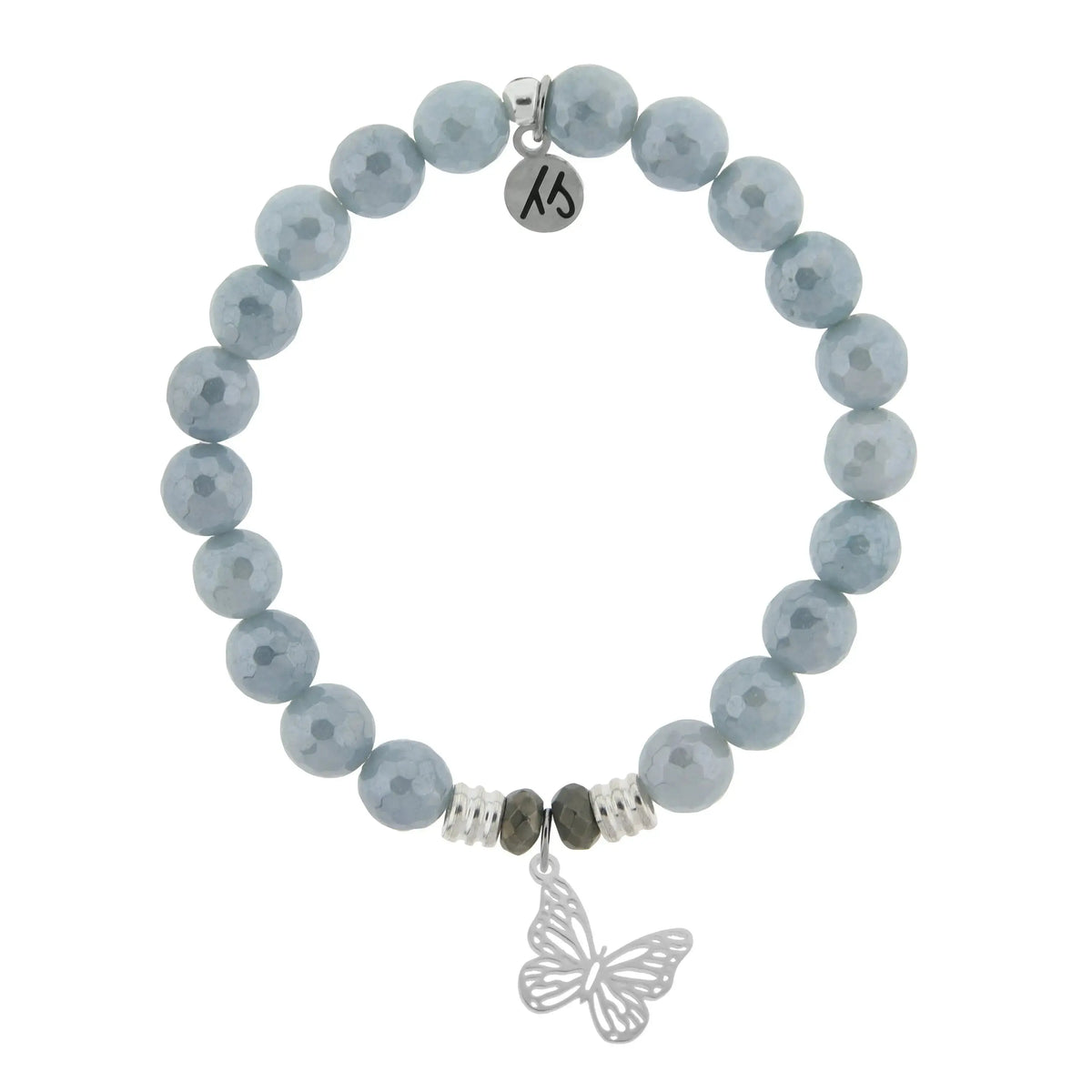 Blue Quartzite Gemstone Bracelet with Butterfly Cutout Sterling Silver Charm Tiffany Jazelle