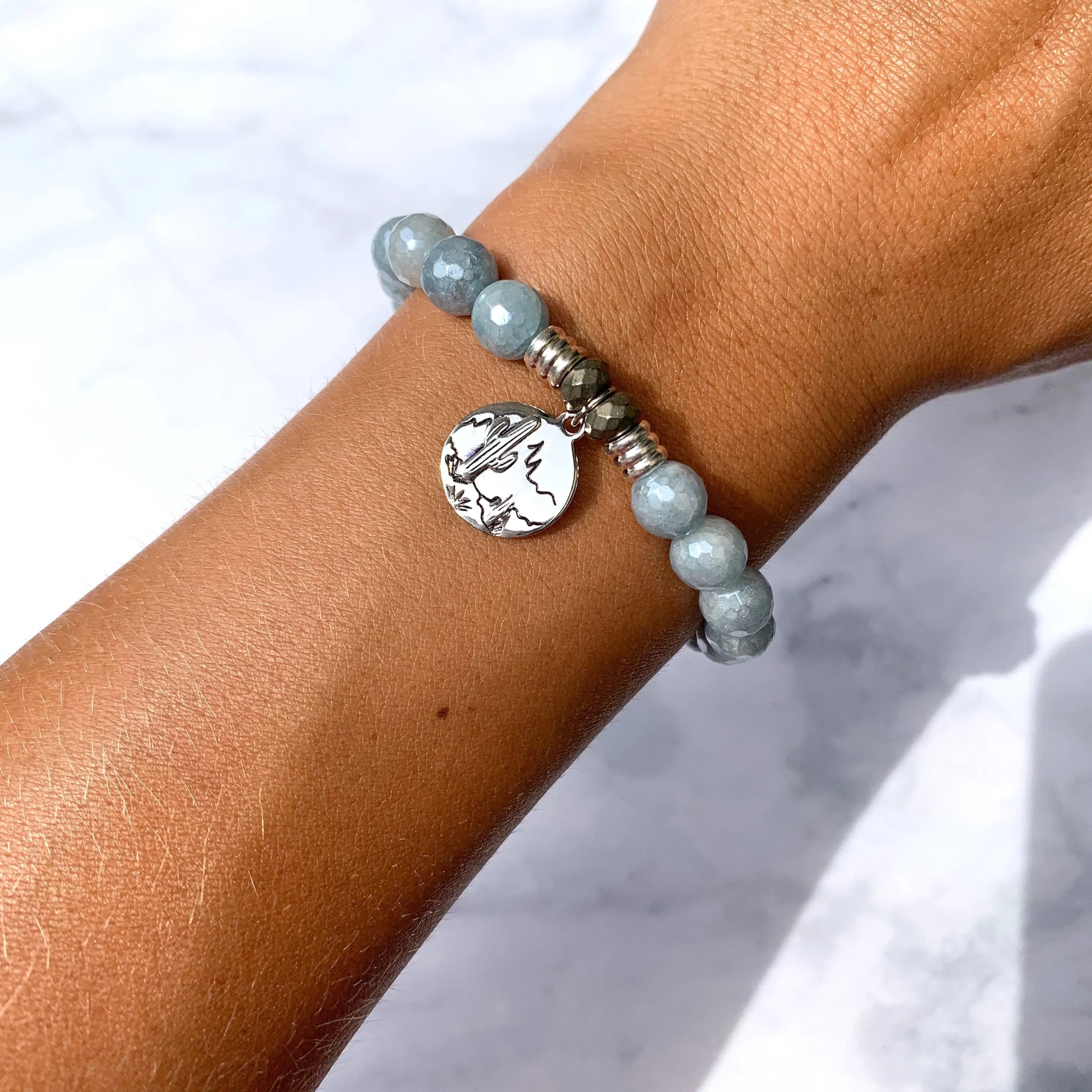 Blue Quartzite Gemstone Bracelet with Cactus Sterling Silver Charm Tiffany Jazelle