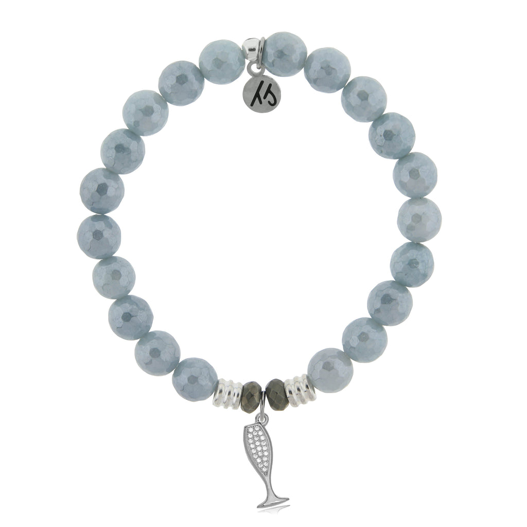 Blue Quartzite Stone Bracelet with Cheers Sterling Silver Charm