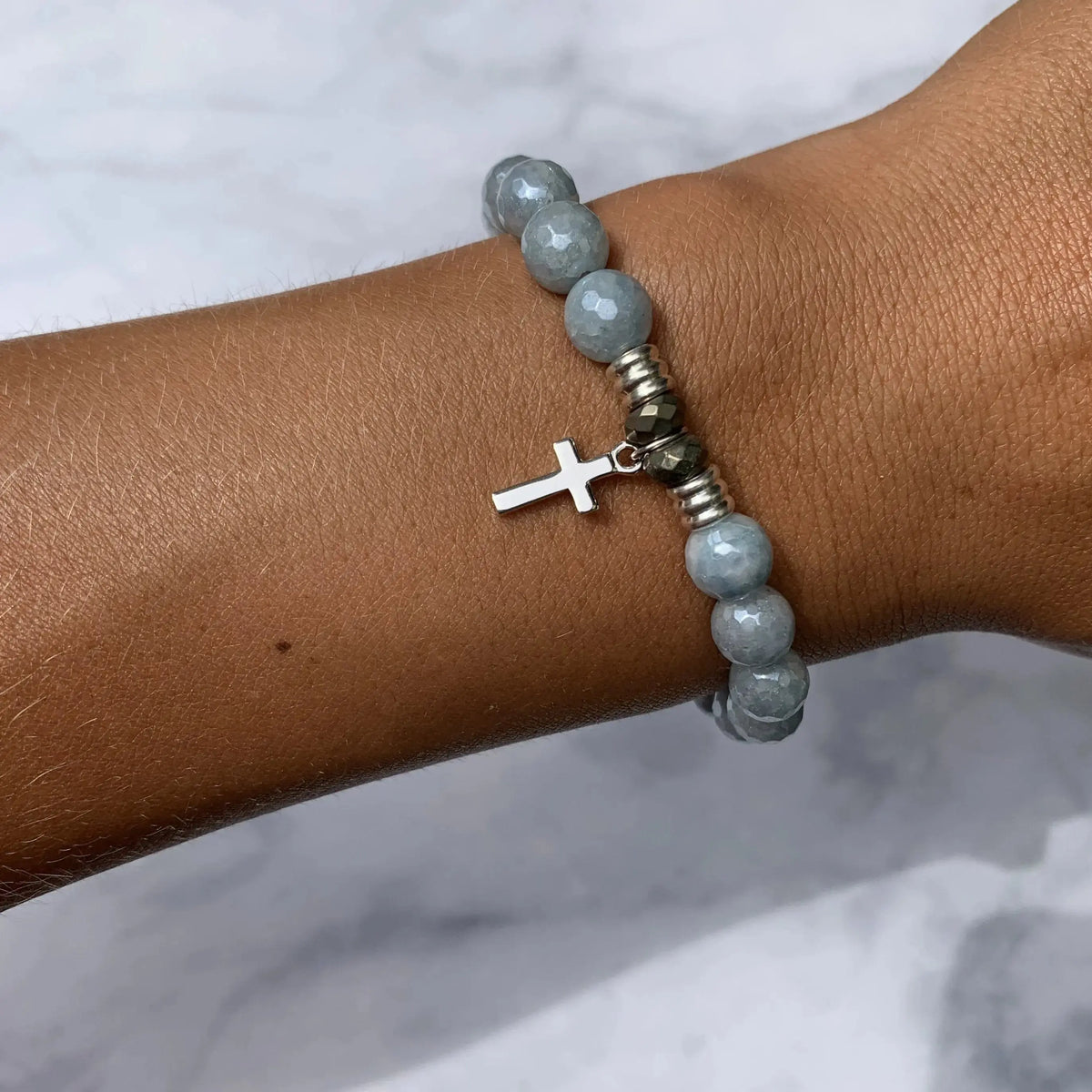 Blue Quartzite Gemstone Bracelet with Cross Sterling Silver Charm Tiffany Jazelle