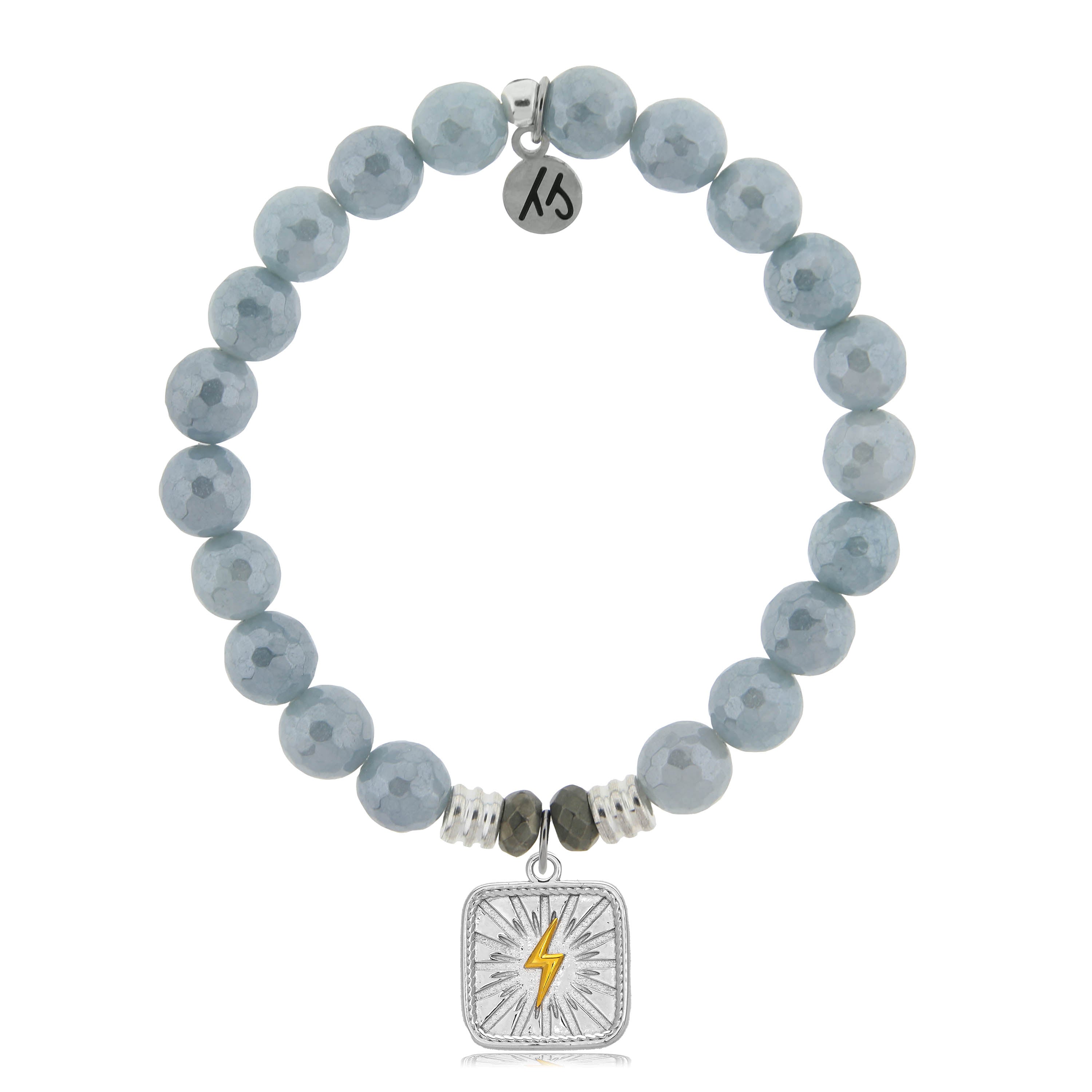 Blue Quartzite Stone Bracelet with Lightning Bolt Sterling Silver Charm