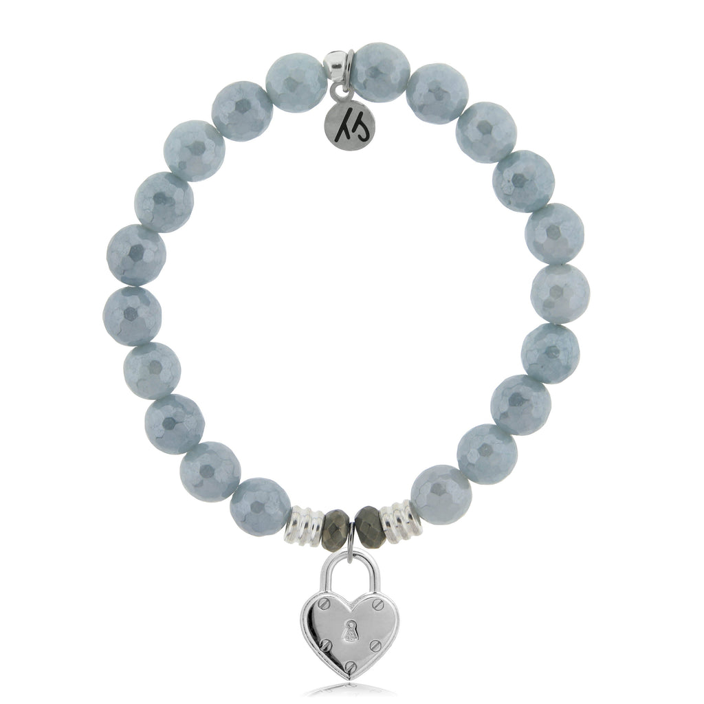 Blue Quartzite Stone Bracelet with Love Lock Sterling Silver Charm