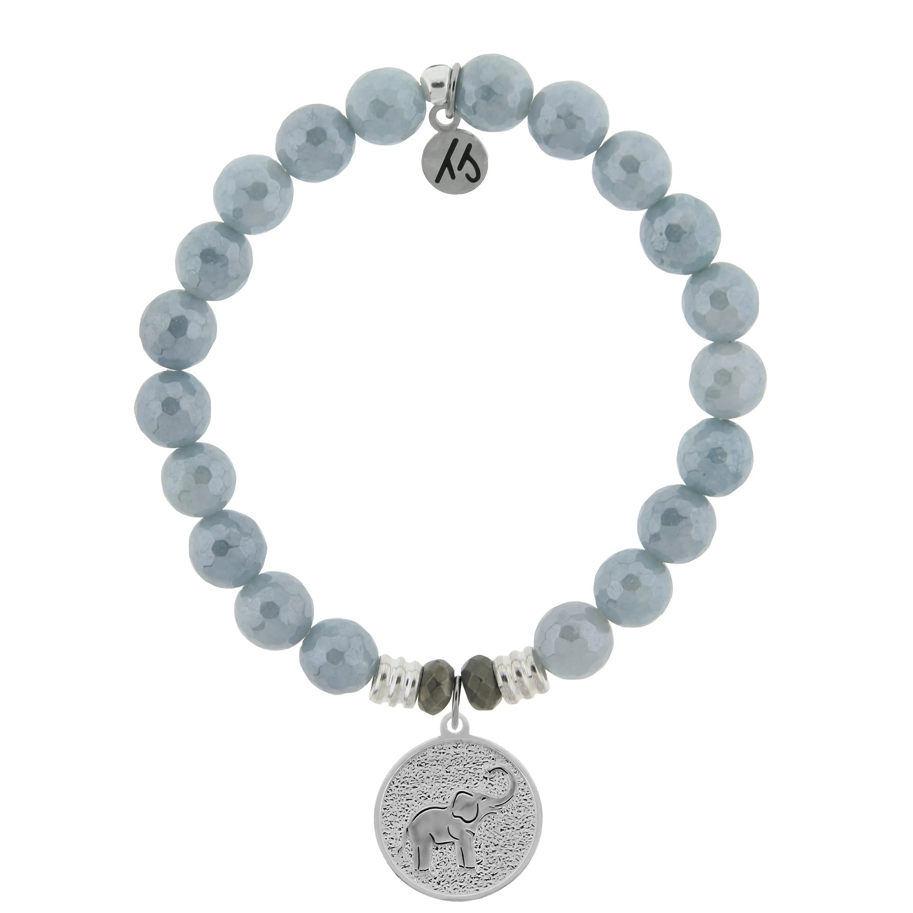 Blue Quartzite Gemstone Bracelet with Lucky Elephant Sterling Silver Charm Tiffany Jazelle