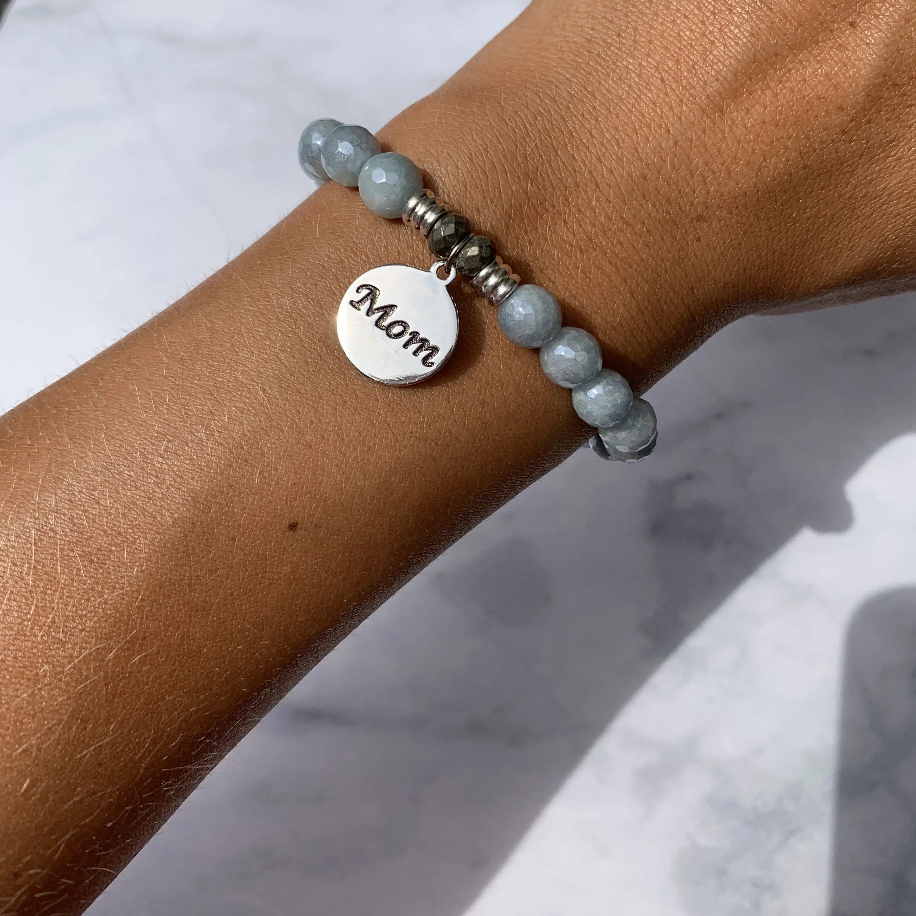 Blue Quartzite Gemstone Bracelet with Mom Sterling Silver Charm T. Jazelle