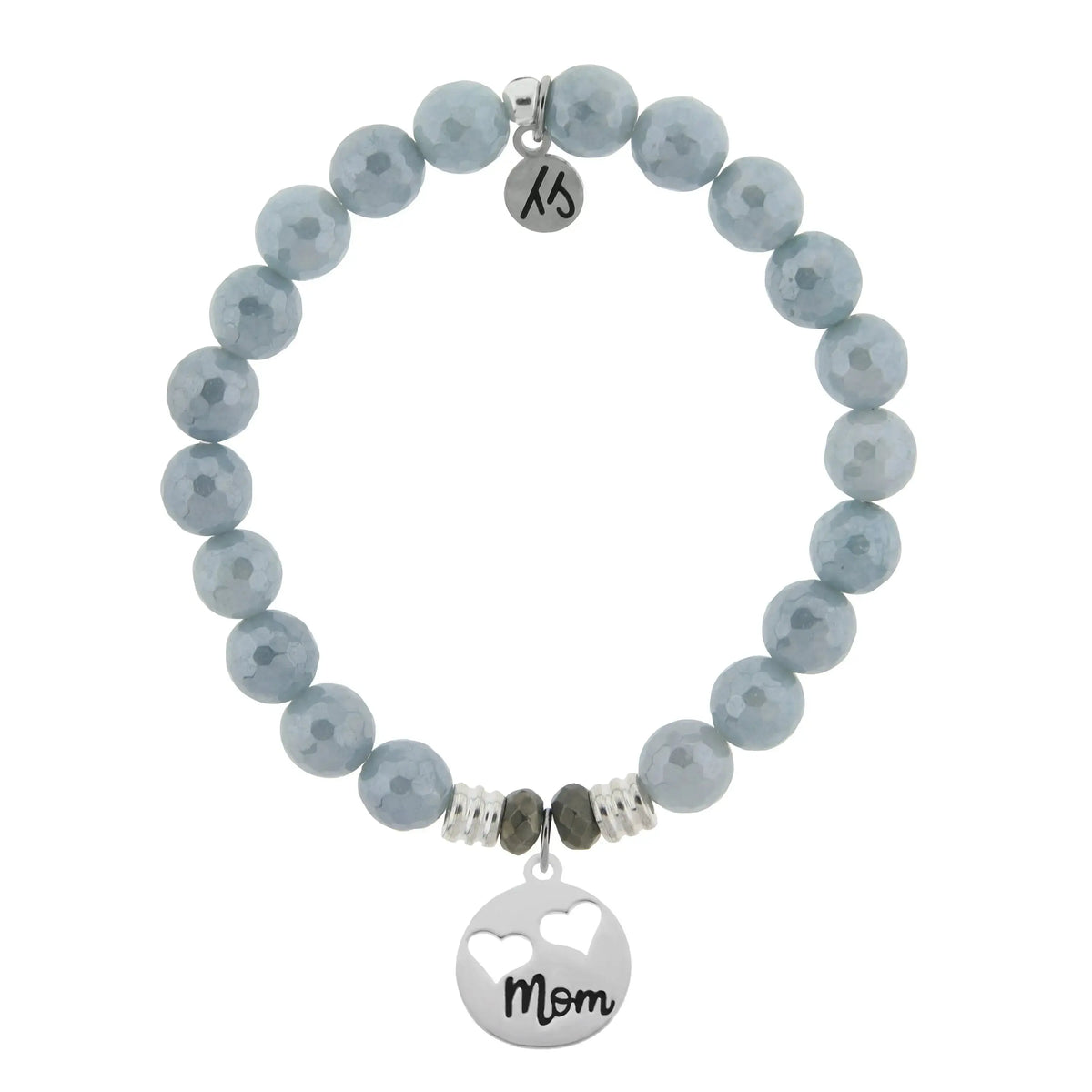 Blue Quartzite Gemstone Bracelet with Mom Hearts Sterling Silver Charm Tiffany Jazelle