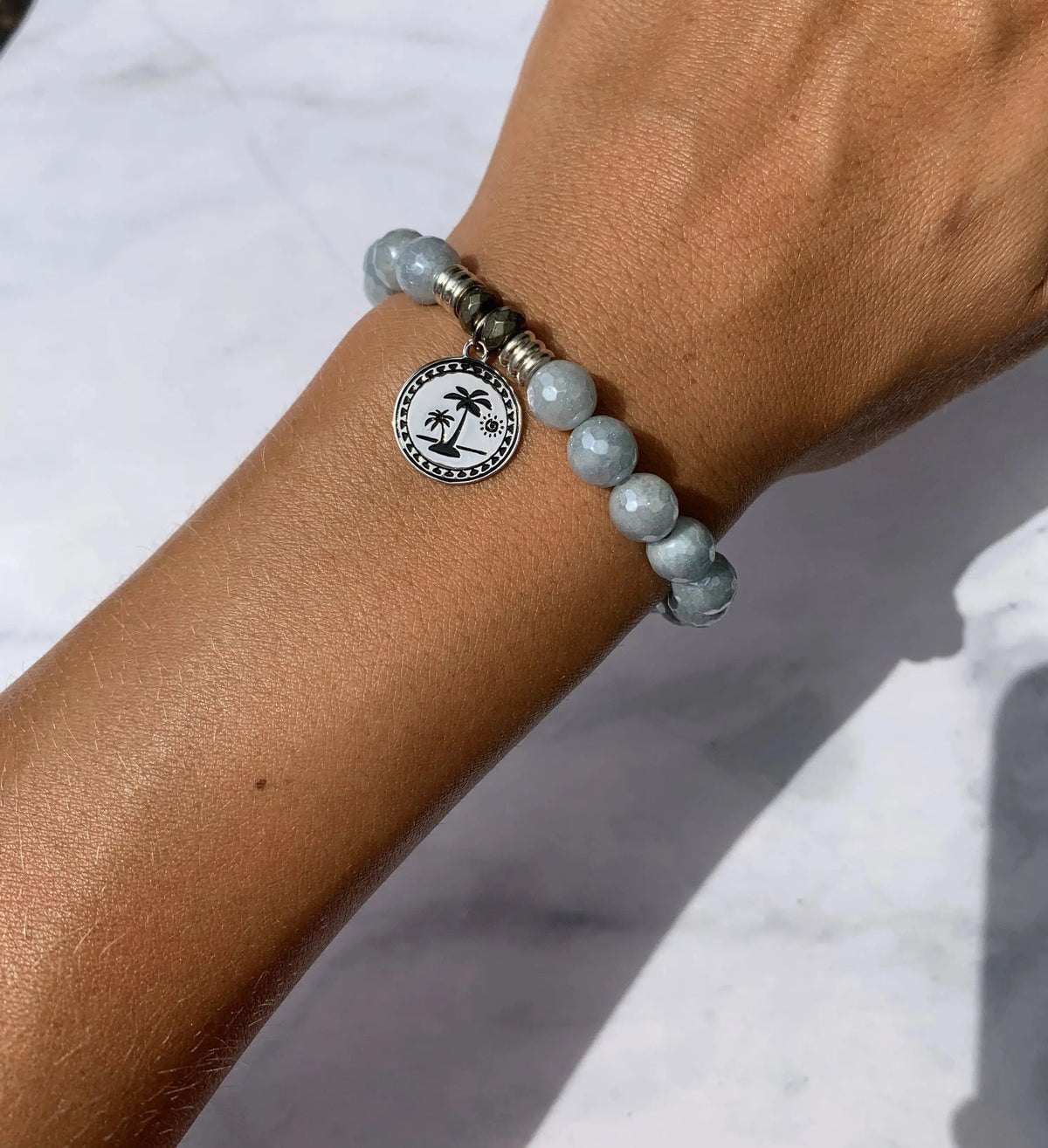 Blue Quartzite Gemstone Bracelet with Palm Tree Sterling Silver Charm Tiffany Jazelle