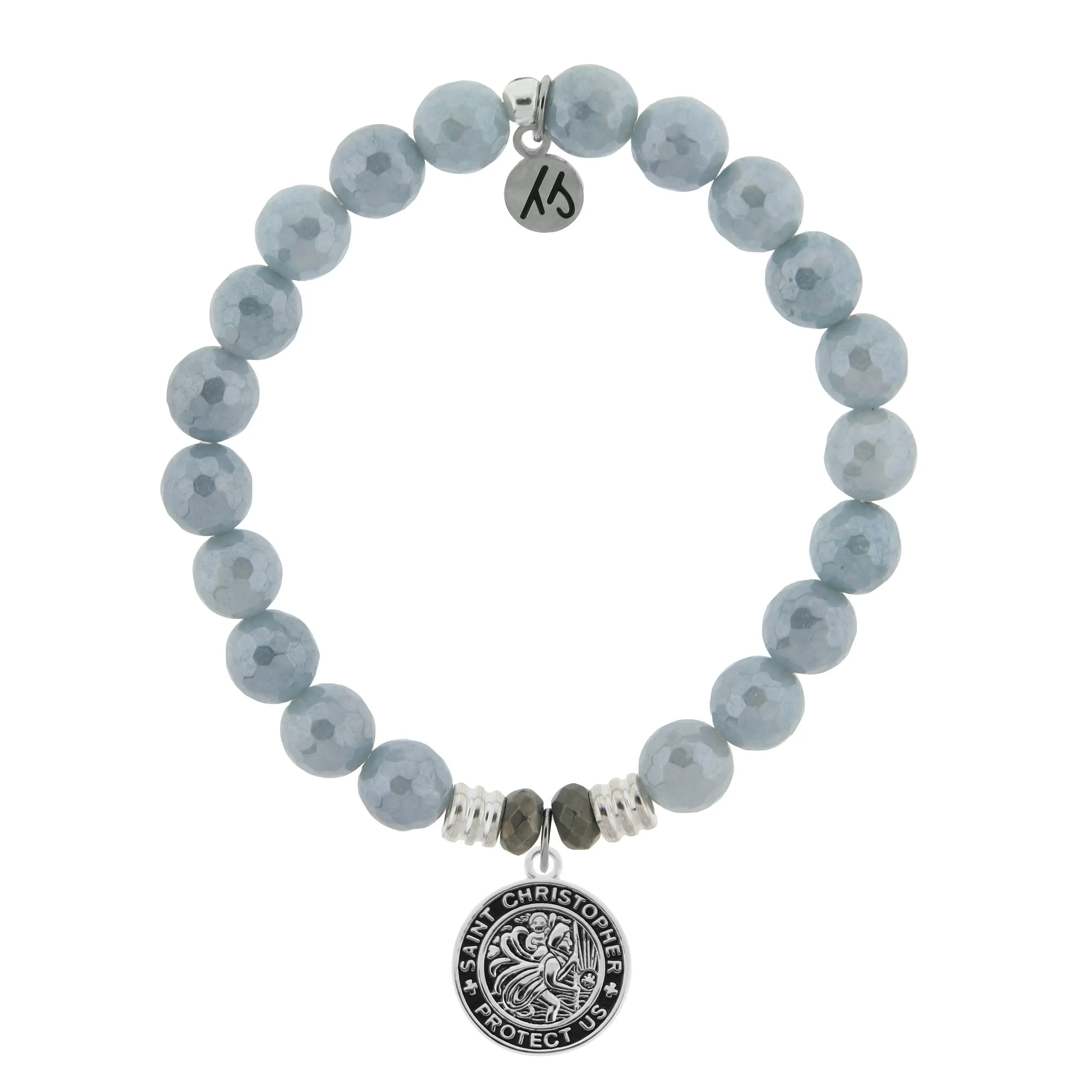 Blue Quartzite Gemstone Bracelet with Saint Christopher Sterling Silver Charm Tiffany Jazelle
