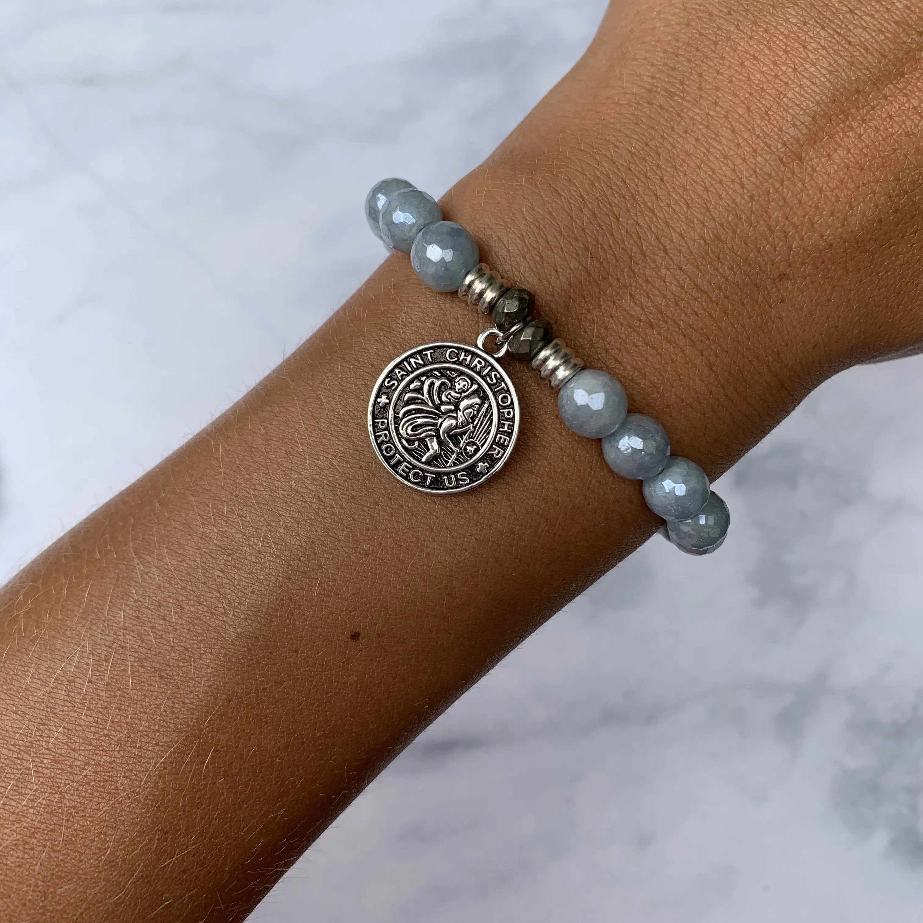 Blue Quartzite Gemstone Bracelet with Saint Christopher Sterling Silver Charm Tiffany Jazelle