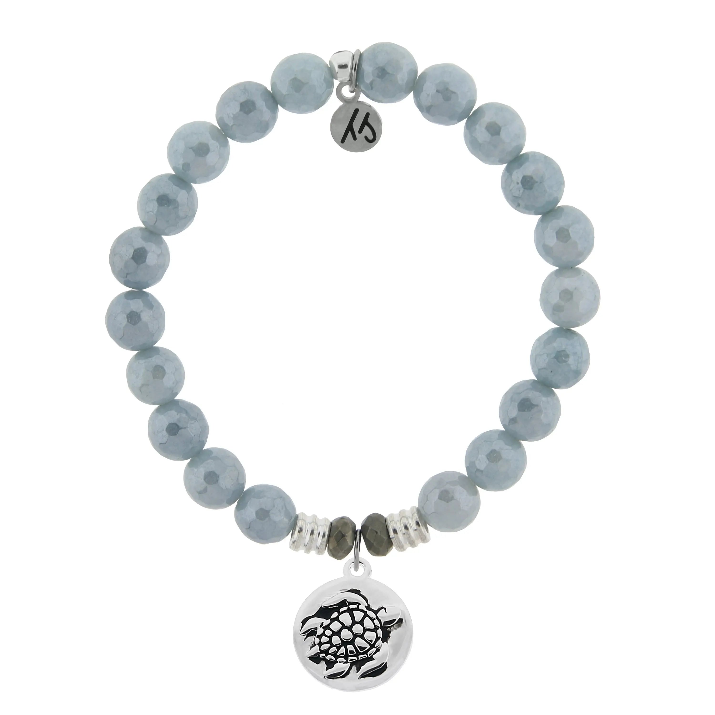 Blue Quartzite Gemstone Bracelet with Turtle Sterling Silver Charm Tiffany Jazelle