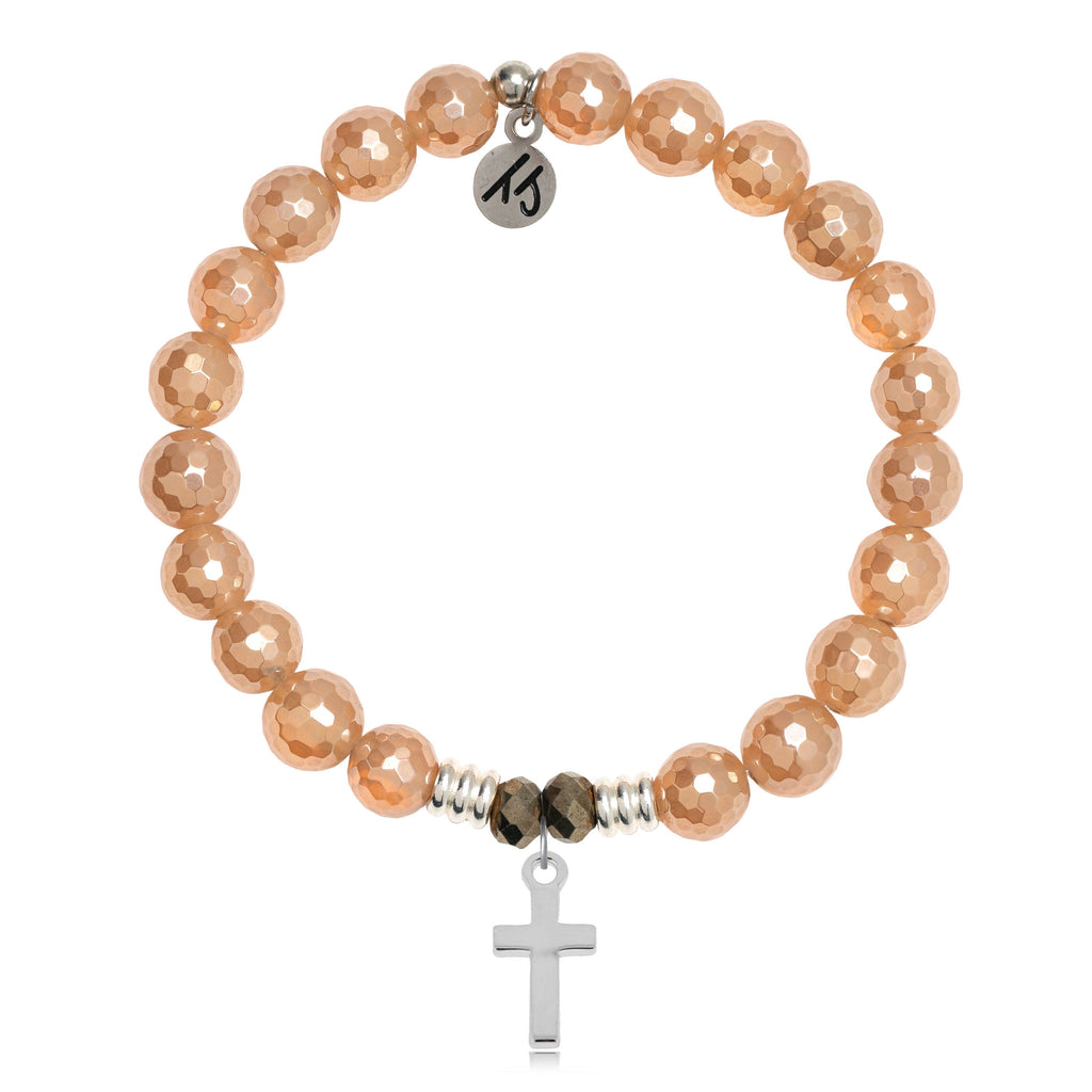 Champagne Agate Stone Bracelet with Cross Sterling Silver Charm
