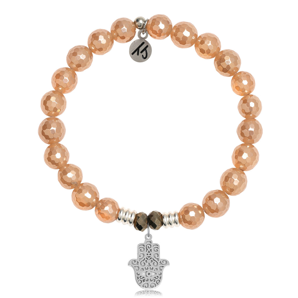 Champagne Agate Stone Bracelet with Hamsa Sterling Silver Charm