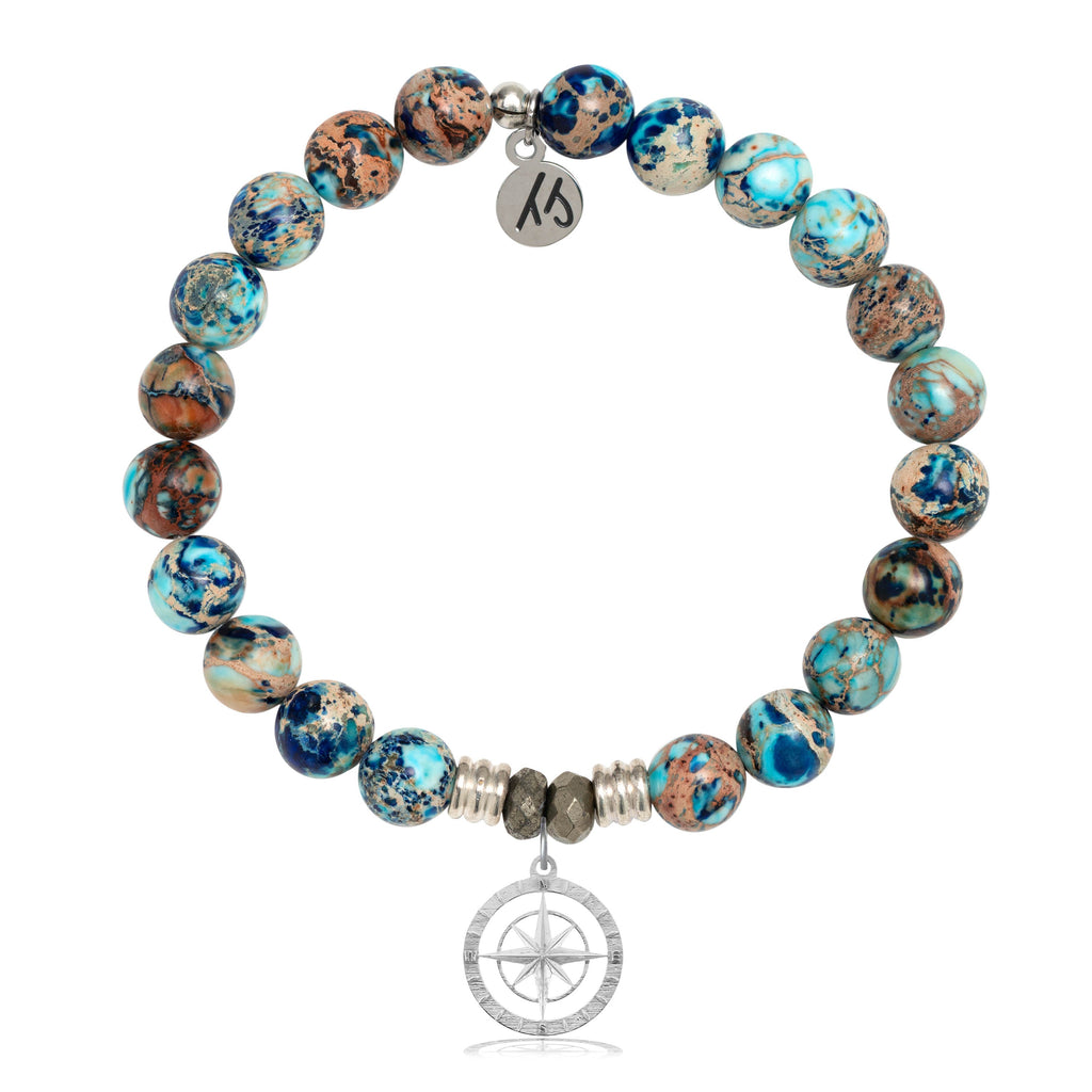 Earth Jasper Stone Bracelet with Compass Rose Sterling Silver Charm