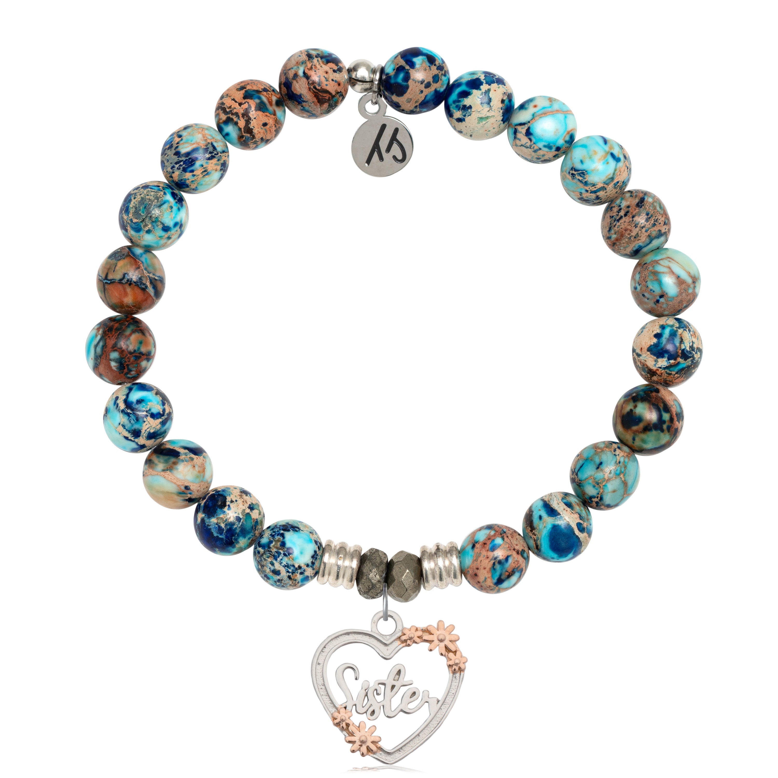 Earth Jasper Stone Bracelet with Heart Sister Sterling Silver Charm