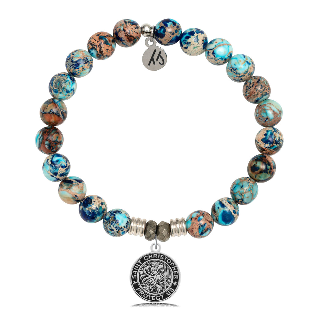Earth Jasper Stone Bracelet with Saint Christopher Sterling Silver Charm
