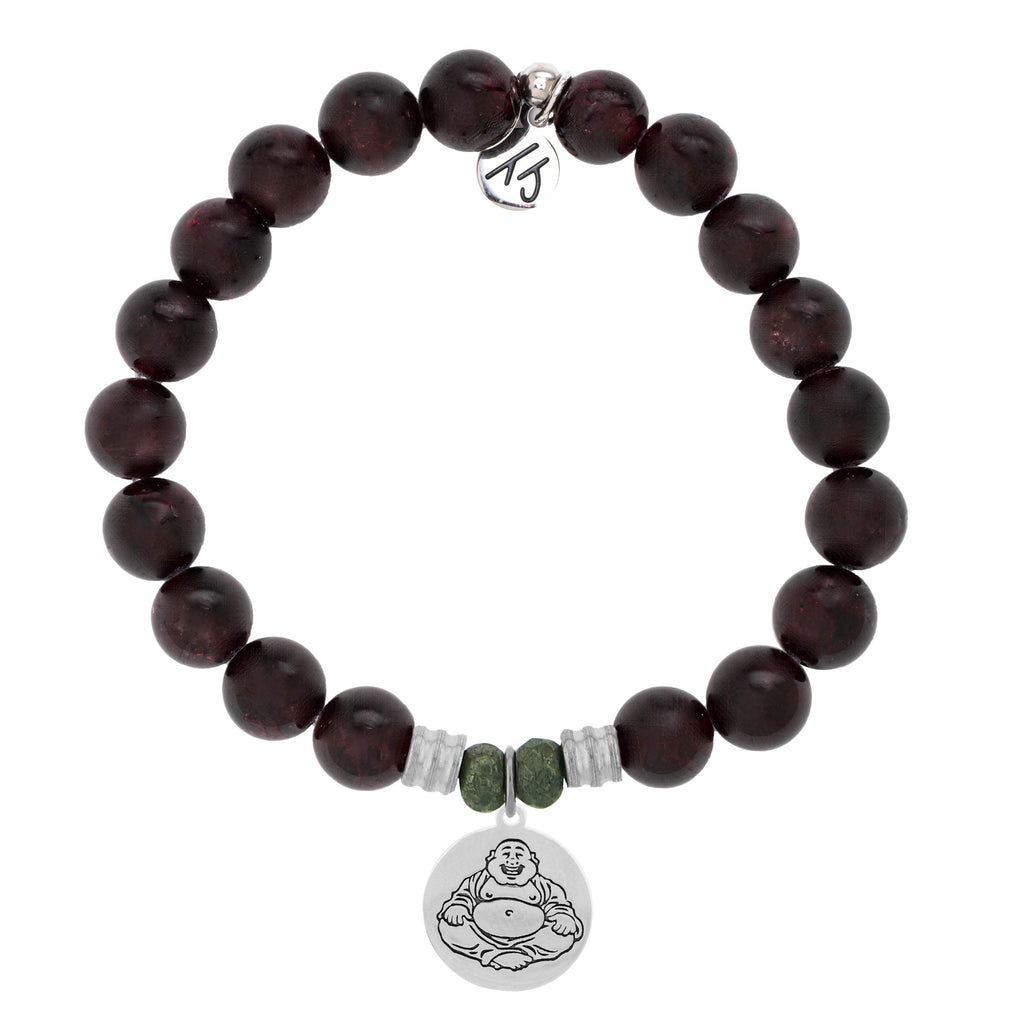 Garnet Stone Bracelet with Happy Buddha Sterling Silver Charm