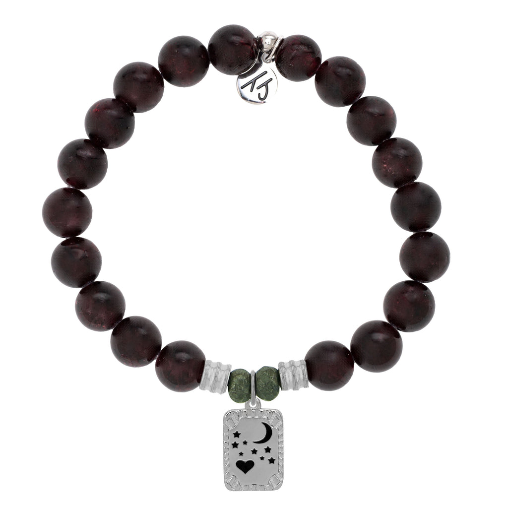 Garnet Stone Bracelet with Moon and Back Sterling Silver Charm