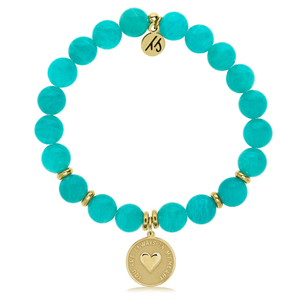 Gold Collection - Aqua Amazonite Stone Bracelet with Always in my Heart Gold Charm