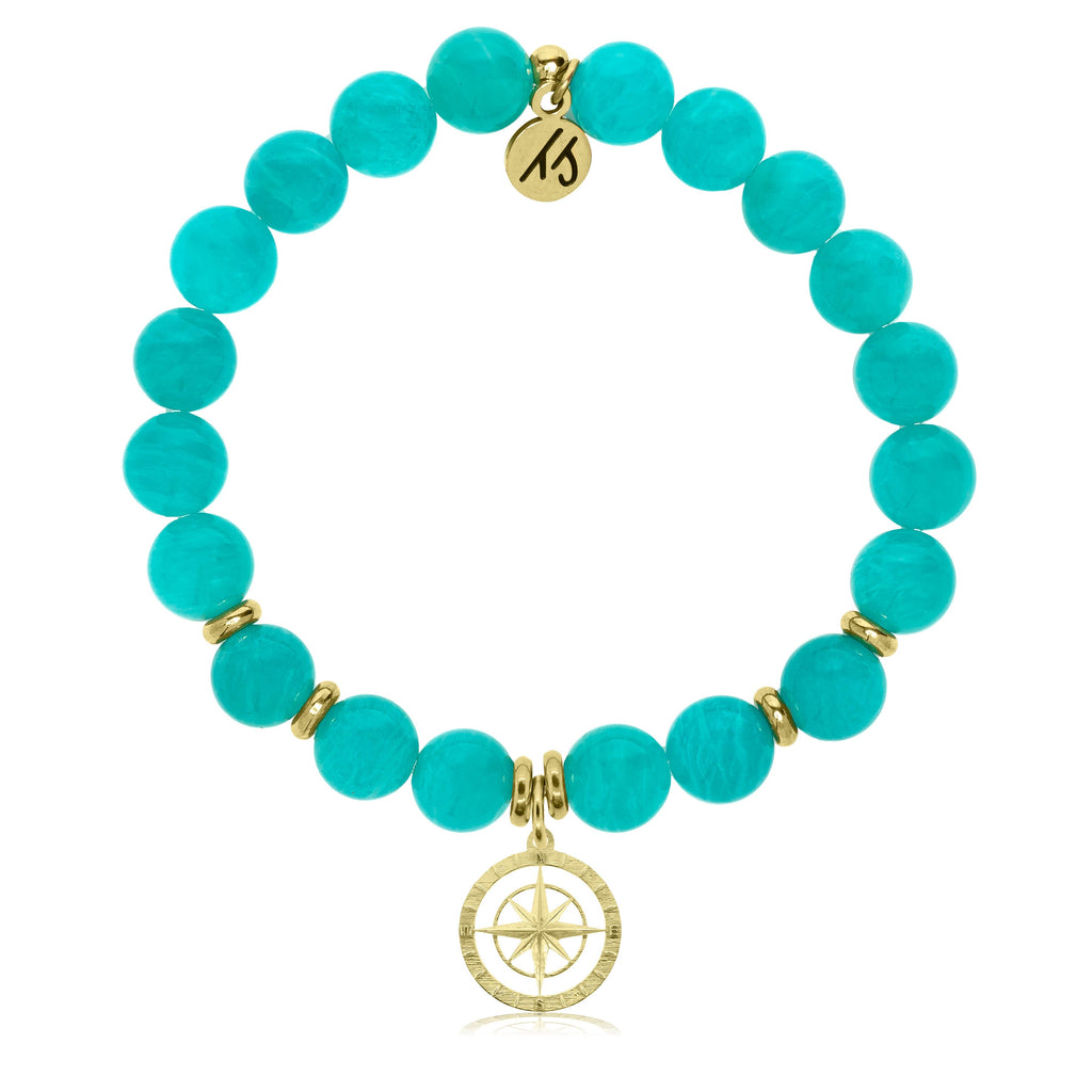 Gold Collection - Aqua Amazonite Stone Bracelet with Compass Rose Gold Charm