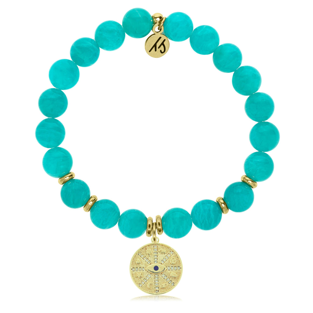 Gold Collection - Aqua Amazonite Stone Bracelet with Protection Gold Charm